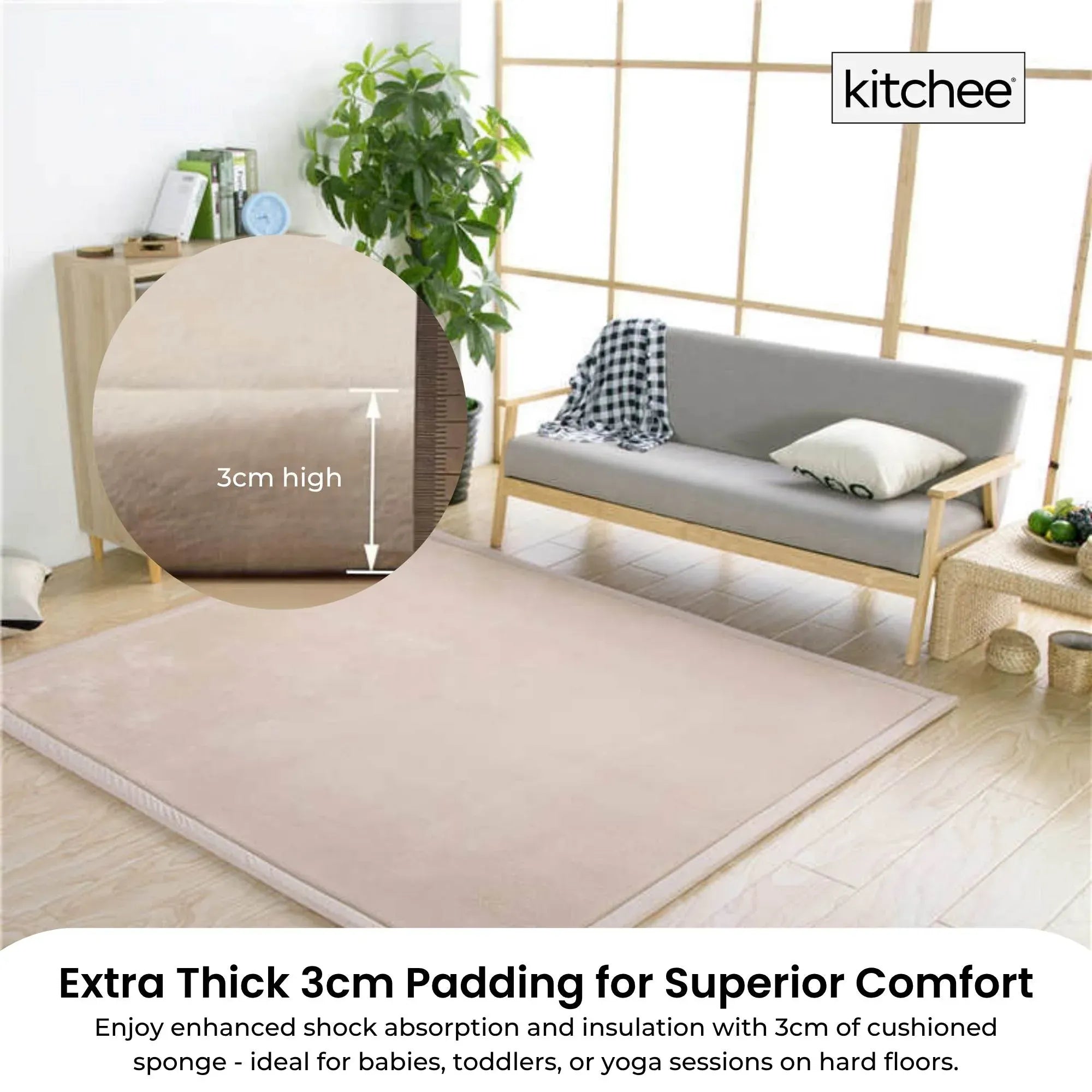Kitchee Foam Floor Mat 200x200cm - Padded Thick Soft Tatami Style Rug Cream