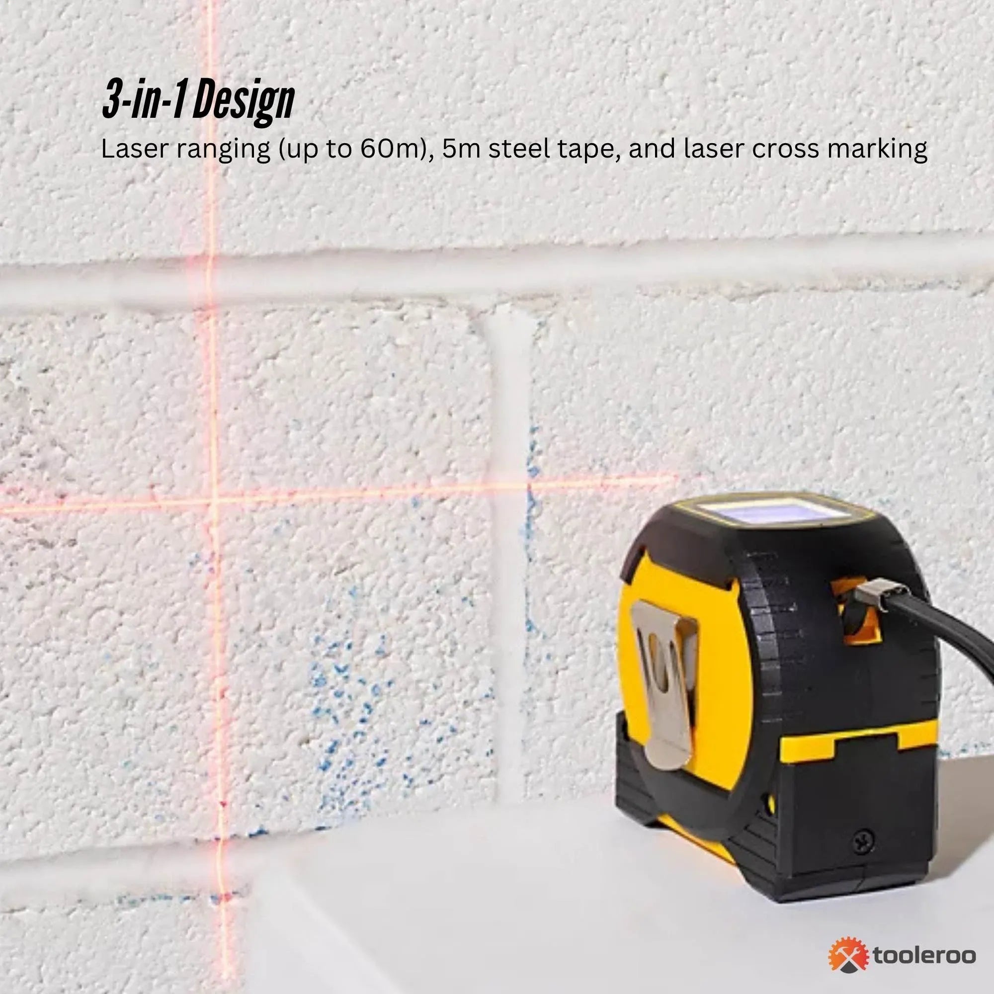 Tooleroo 60m Digital Laser Tape Measure + 5m Steel Tape – 3-in-1 Cross Marking