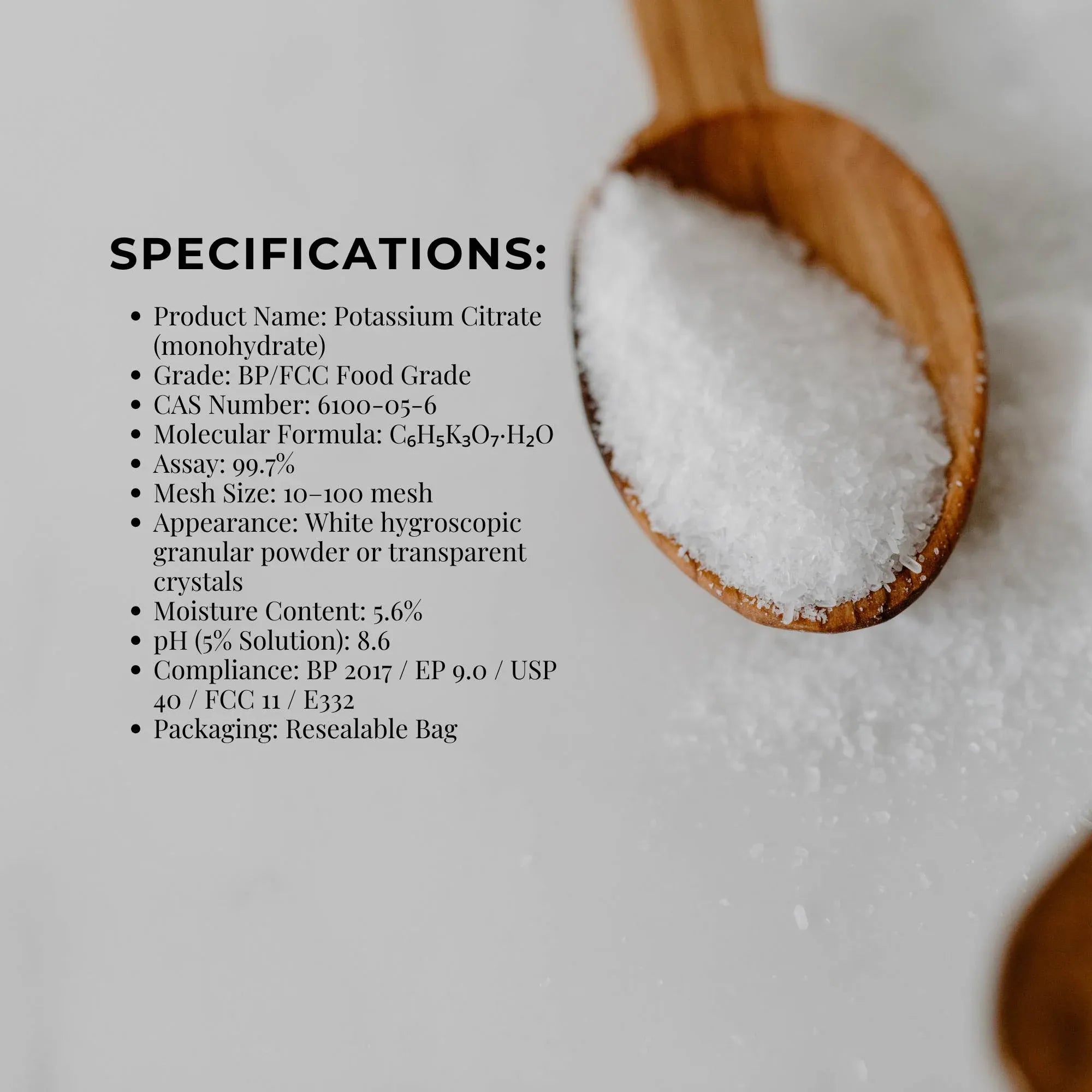 Orku 5Kg Potassium Citrate Food Grade Tub - Granular BP USP FCC E332 Additive
