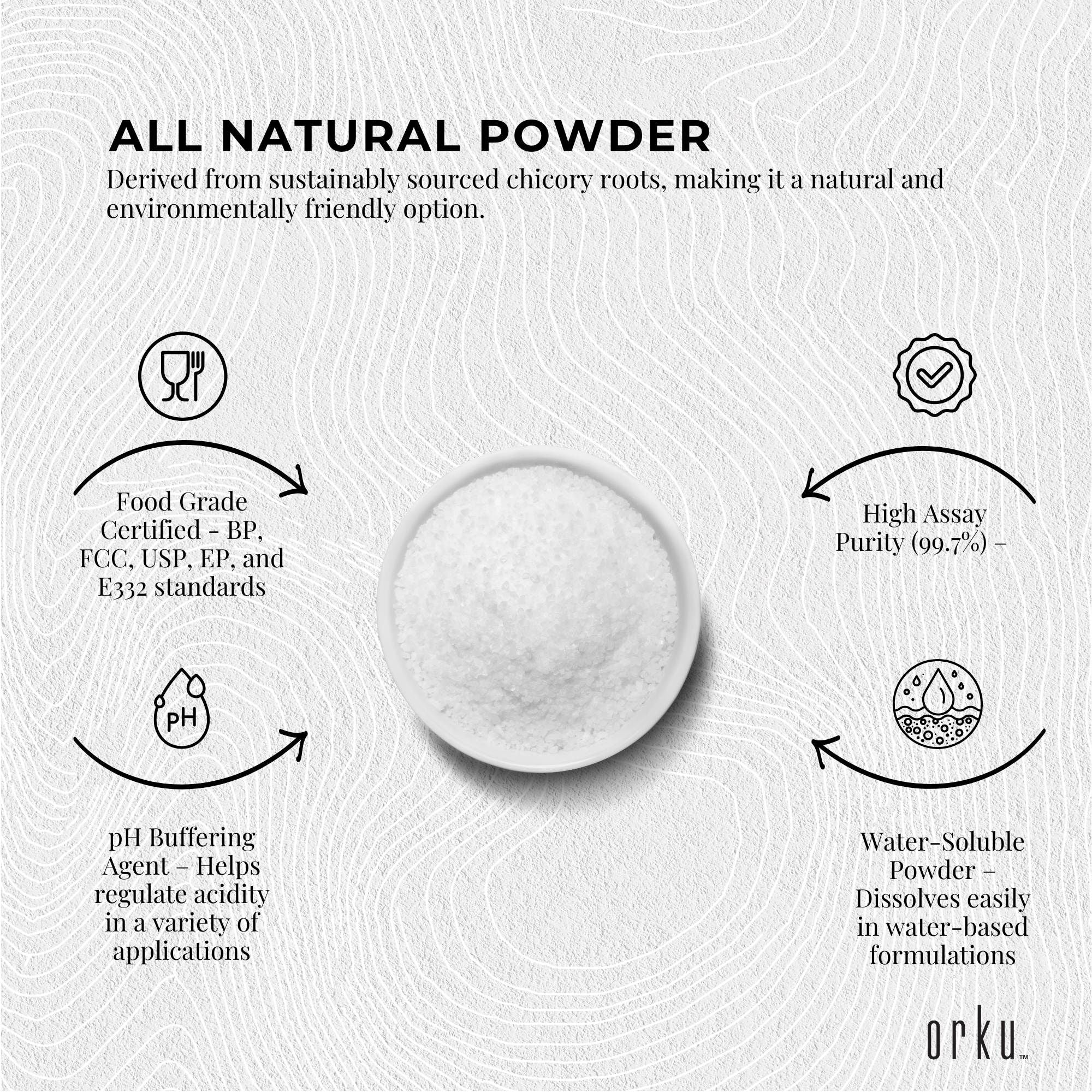 Orku 1.3Kg Potassium Citrate Food Grade Tub - Granular BP USP FCC E332 Additive