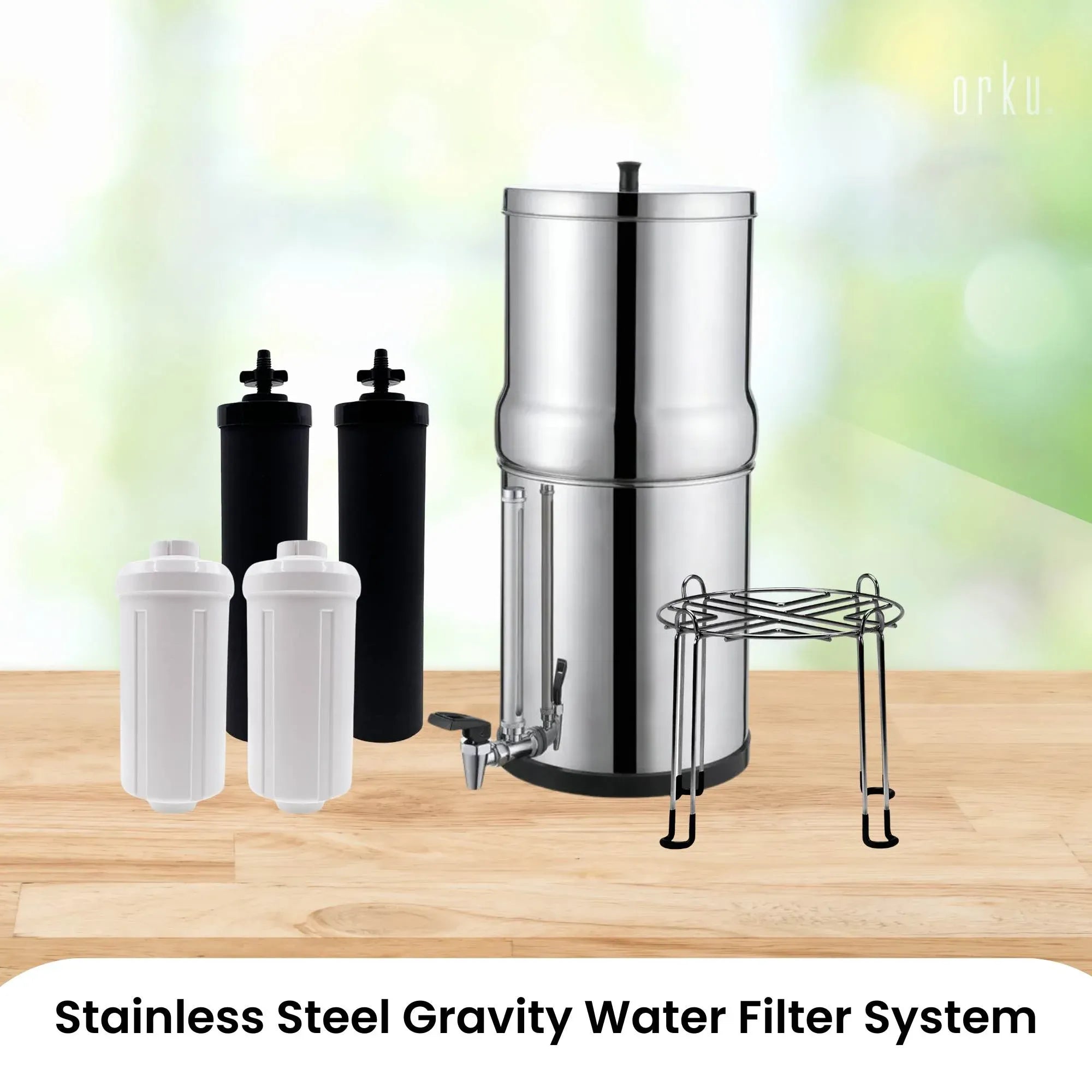 Orku 23L Gravity Benchtop Water Filter System with Gauge - Stainless Steel
