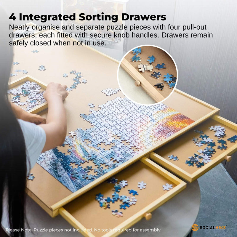 Social Hike 1000pcs Puzzle Board 4 Drawer with Cover -  Wooden Rotating Tabletop