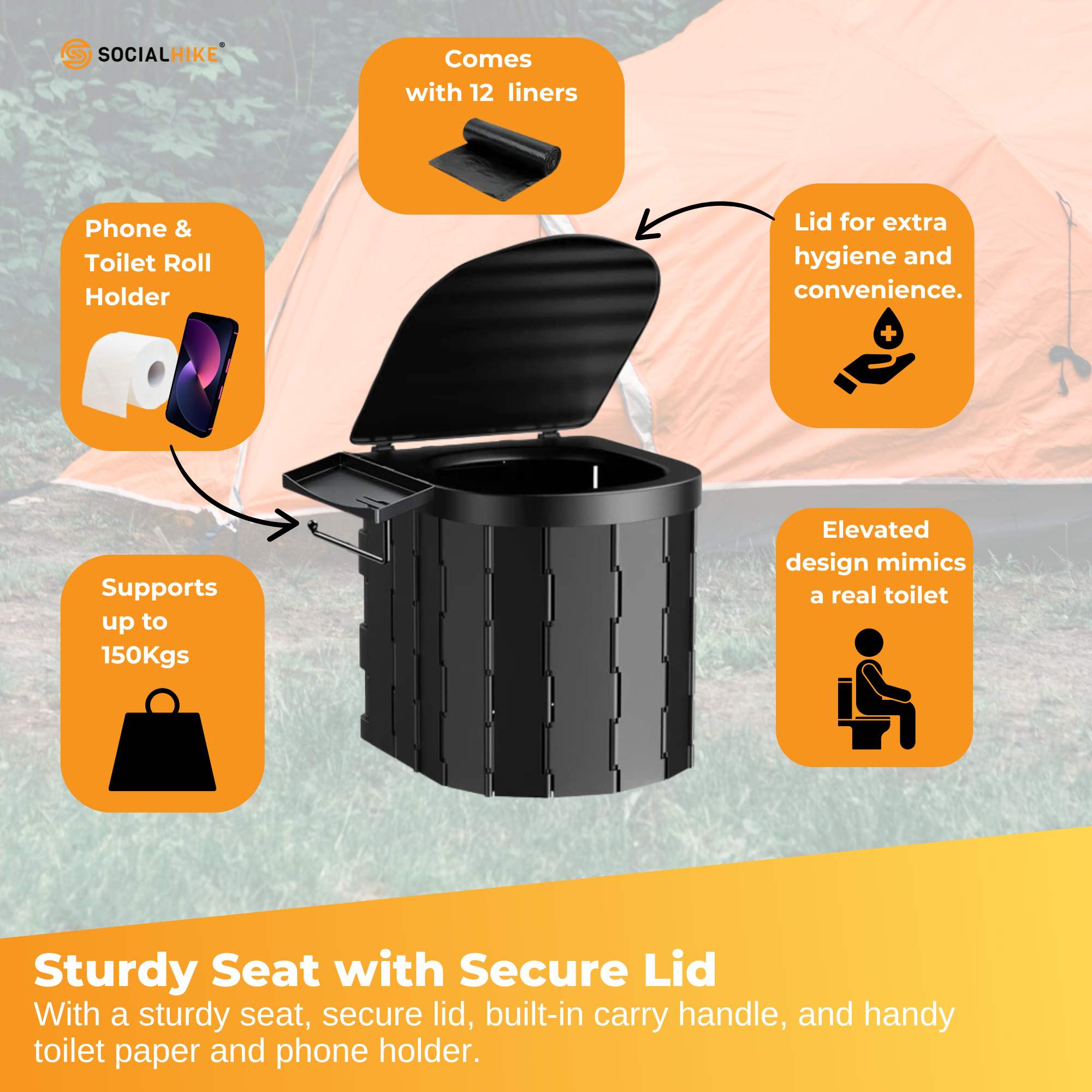 Social Hike Portable Folding Camping Toilet - Outdoor Lightweight Compact Potty