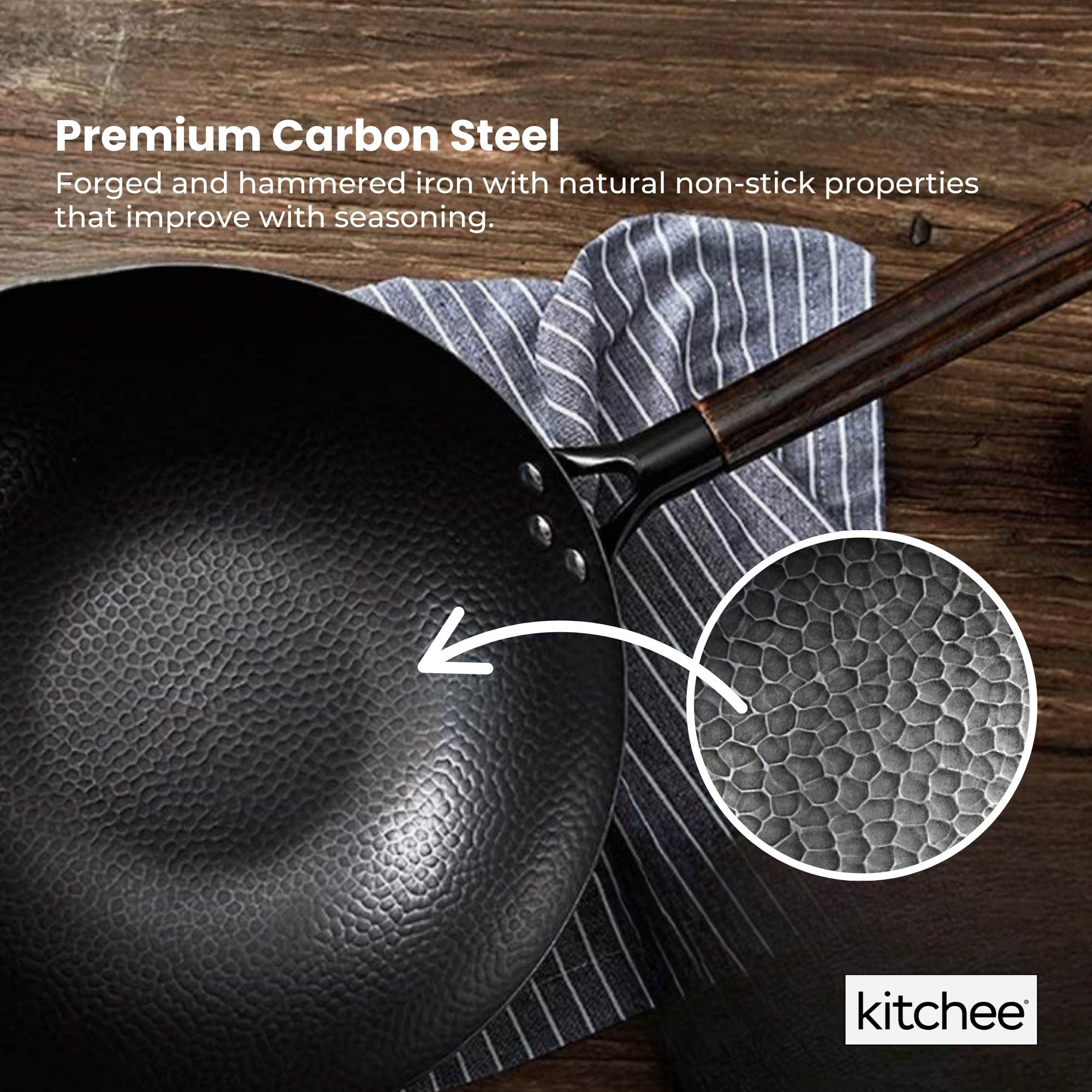 Kitchee 32cm Carbon Steel Wok Set Flat Bottom with Wood Lid + Spatula - Induction Ready