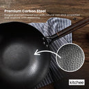 Kitchee 32cm Carbon Steel Wok Set Flat Bottom with Wood Lid + Spatula - Induction Ready