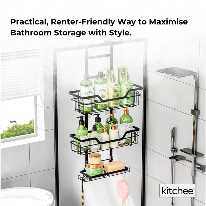 Kitchee 3 Tier Shower Caddy Over Door Bathroom Hanging Shelf Storage Rack Black