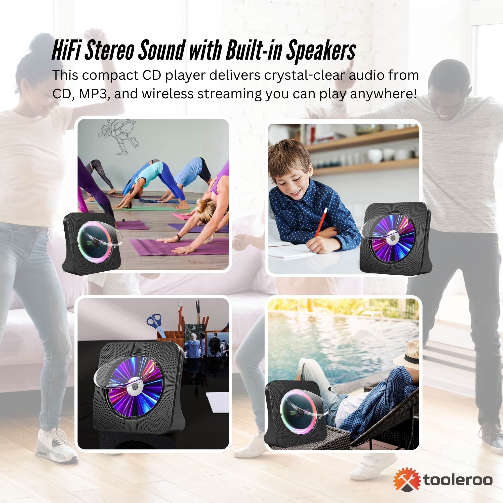 Tooleroo USB Rechargeable Desktop CD Player Speaker – Bluetooth Portable Black