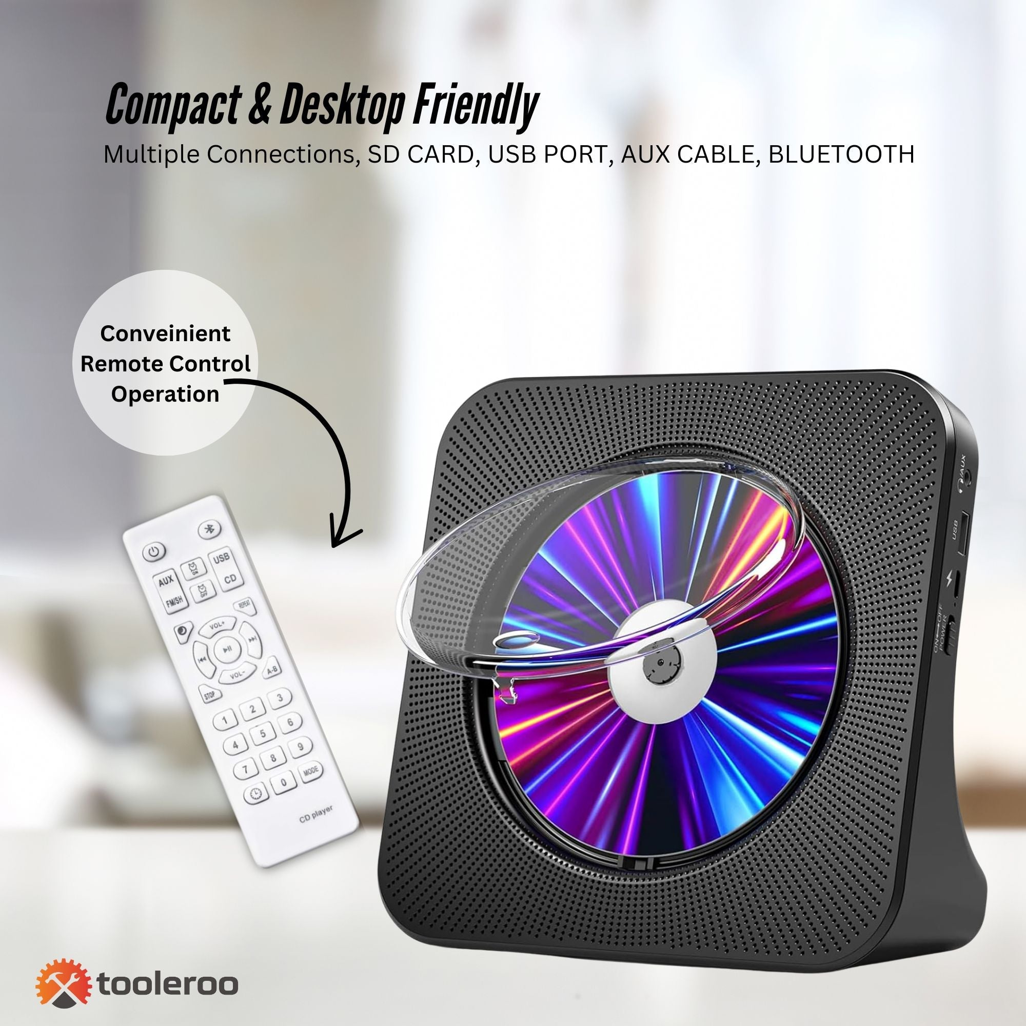 Tooleroo USB Rechargeable Desktop CD Player Speaker – Bluetooth Portable Black