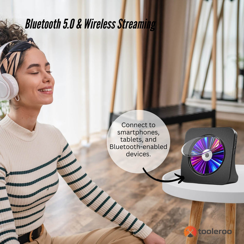 Tooleroo USB Rechargeable Desktop CD Player Speaker – Bluetooth Portable Black