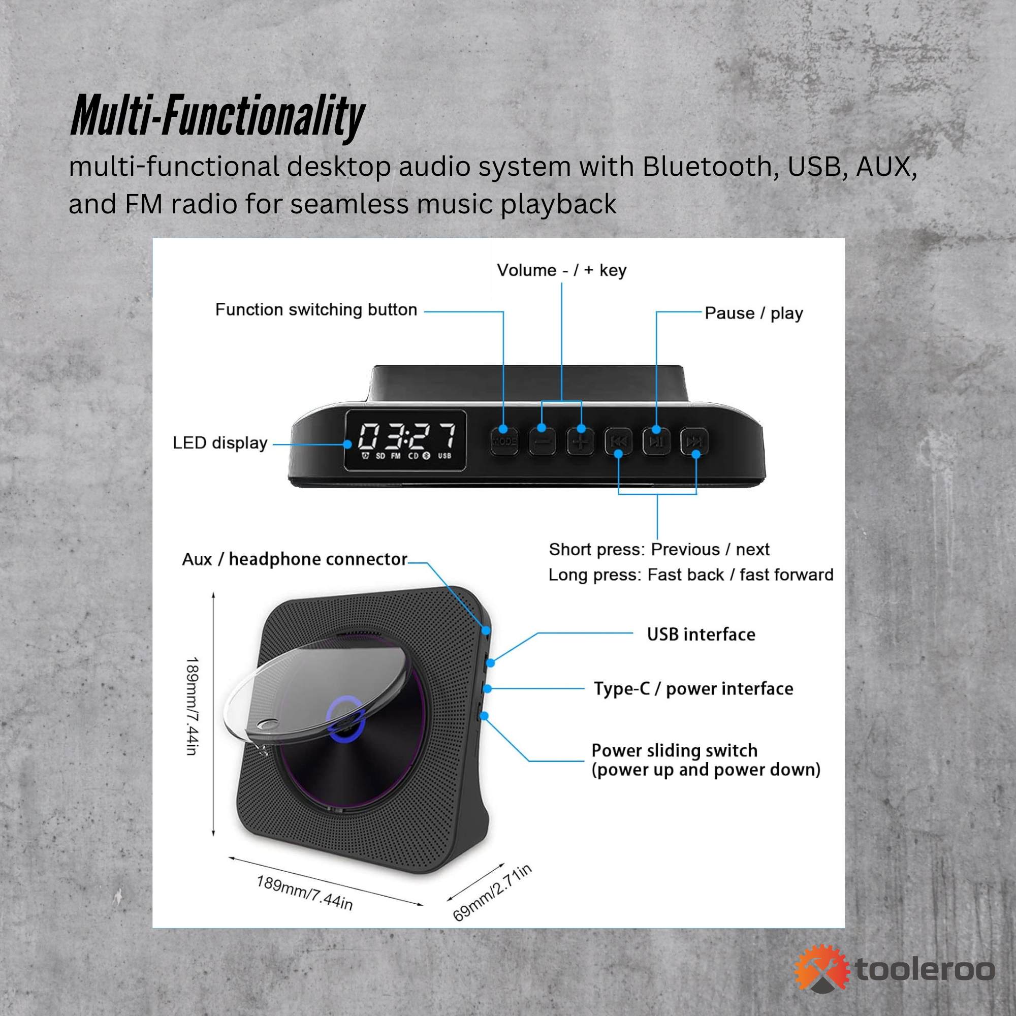 Tooleroo USB Rechargeable Desktop CD Player Speaker – Bluetooth Portable Black