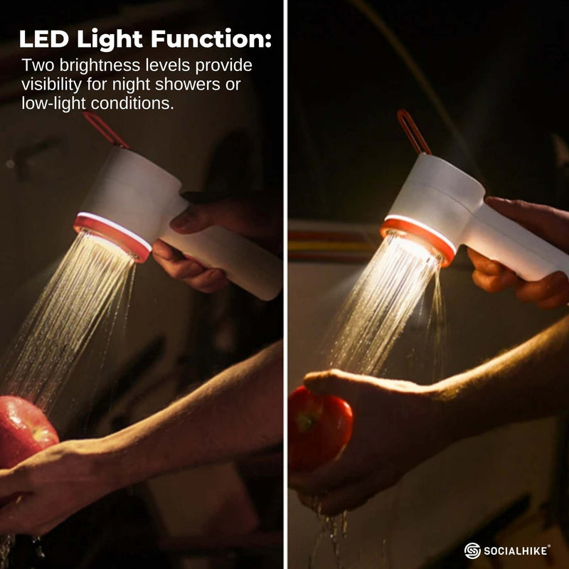 Social Hike Portable Camping Shower Head - Outdoor Rechargeable Pump LED Light
