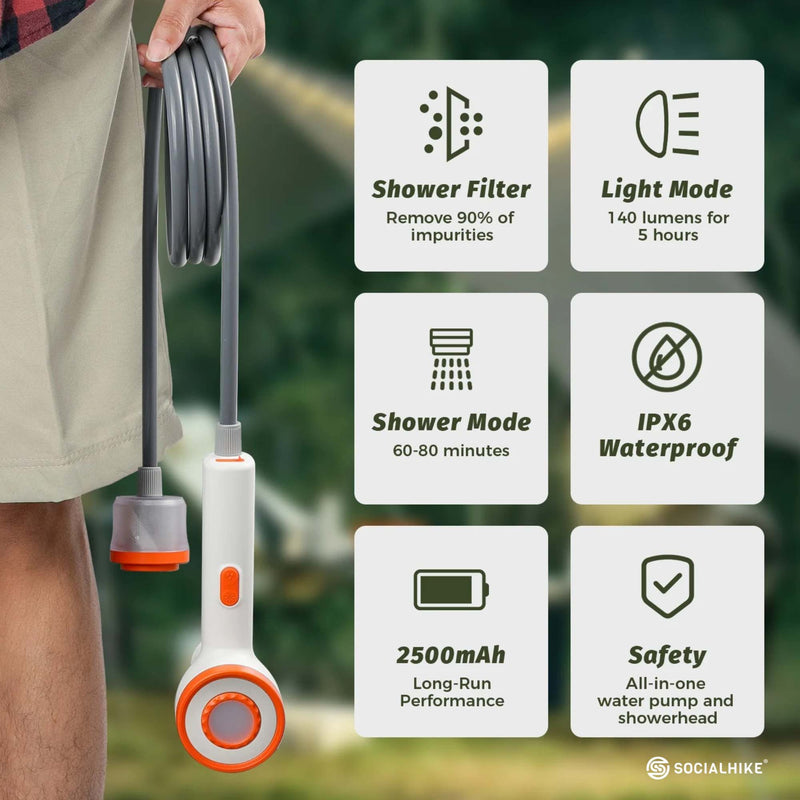 Social Hike Portable Camping Shower Head - Outdoor Rechargeable Pump LED Light