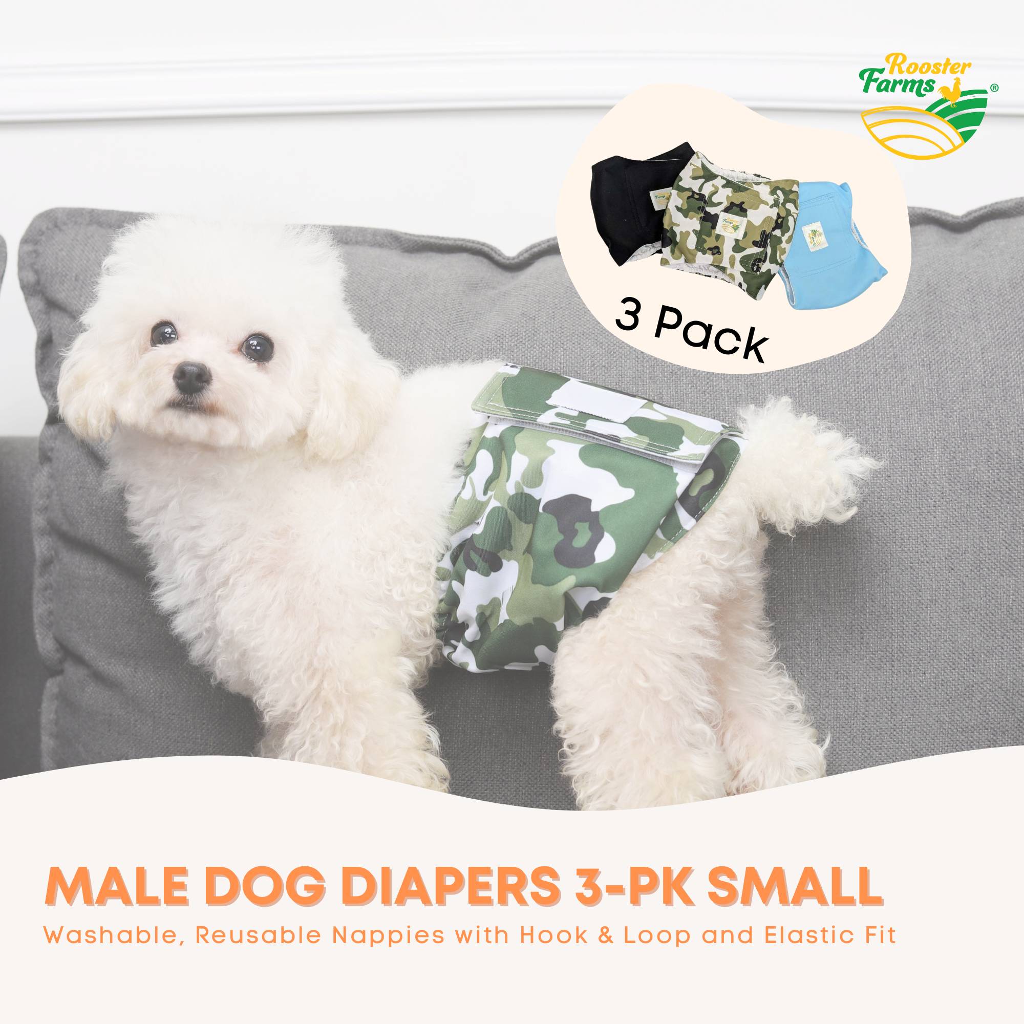 Rooster Farms Male Dog Diapers Small 3Pk - Washable Reusable Nappies Hook/Loop