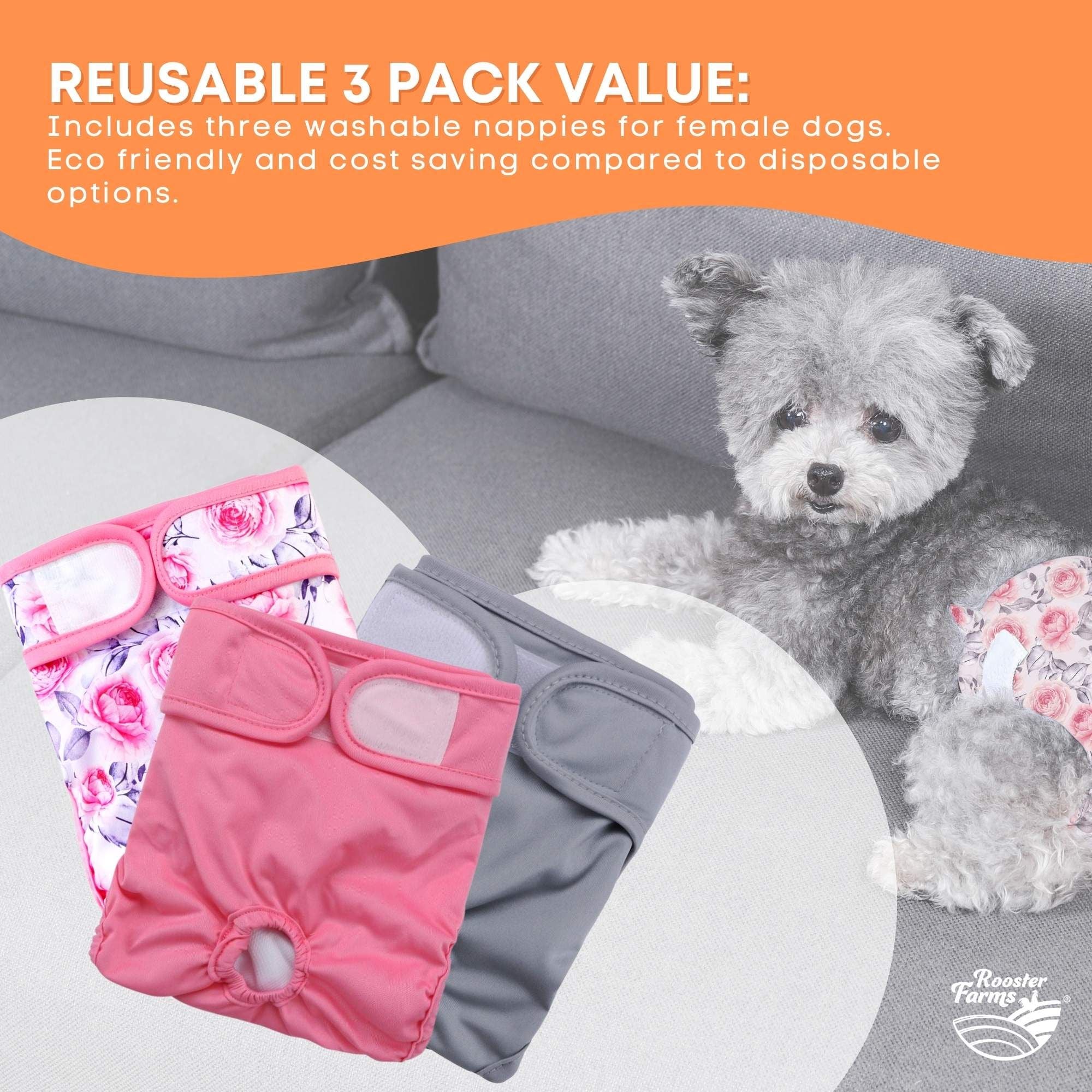 Rooster Farms Female Dog Diapers Medium 3Pk - Washable Reusable Nappy Hook/Loop