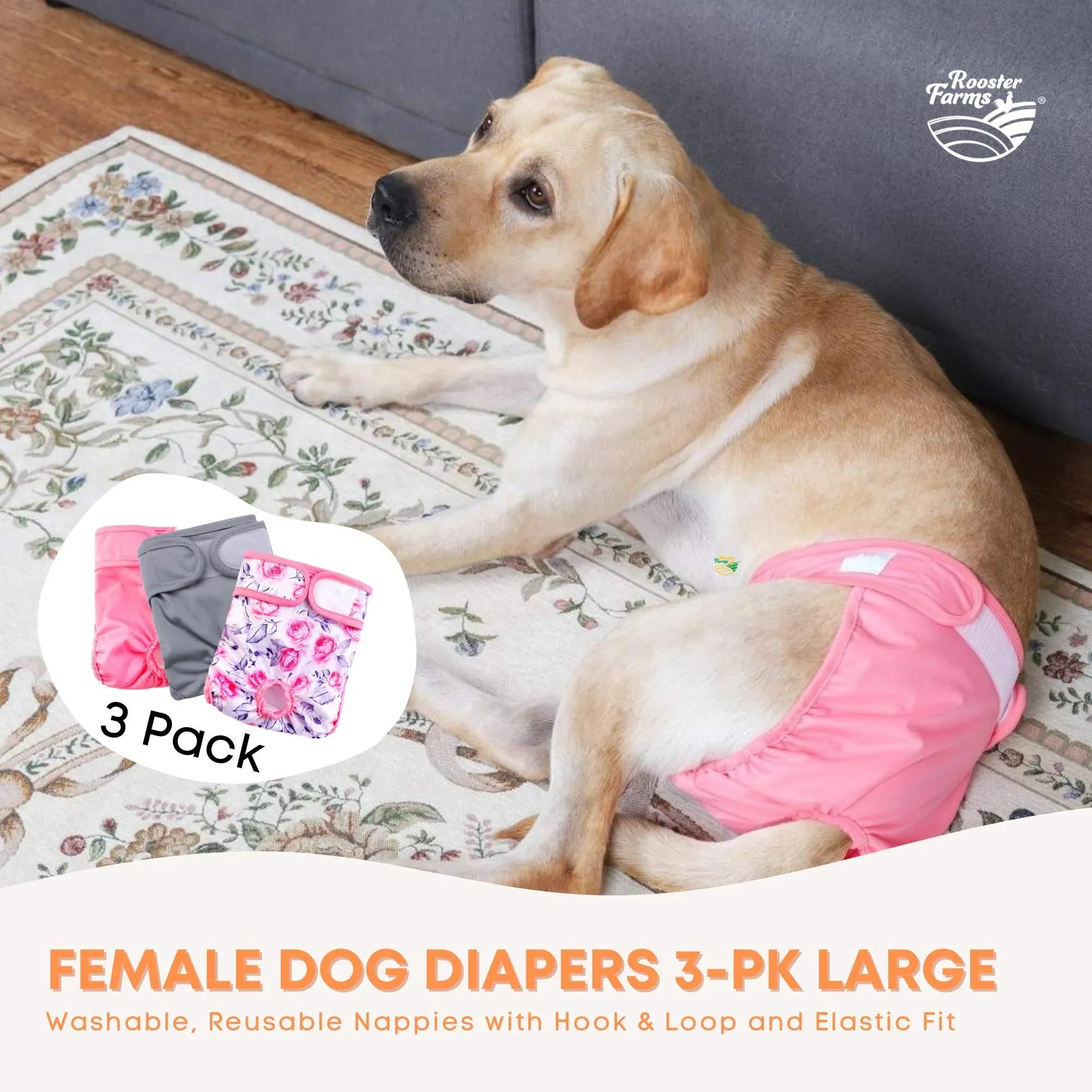 Rooster Farms Female Dog Diapers Large 3Pk - Washable Reusable Nappies Hook/Loop