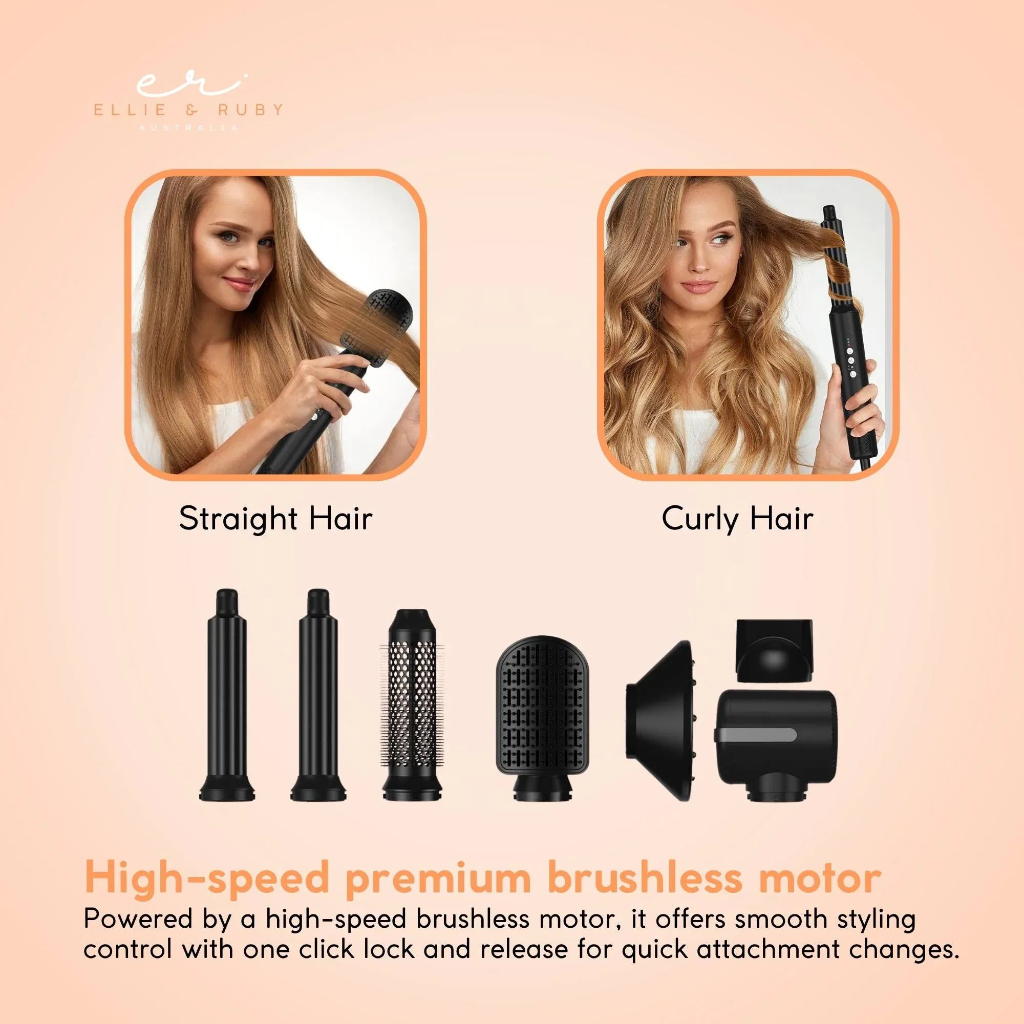 Ellie & Ruby 7-in-1 Hot Air Hair Styler 1400W Dryer Brush Curler Black