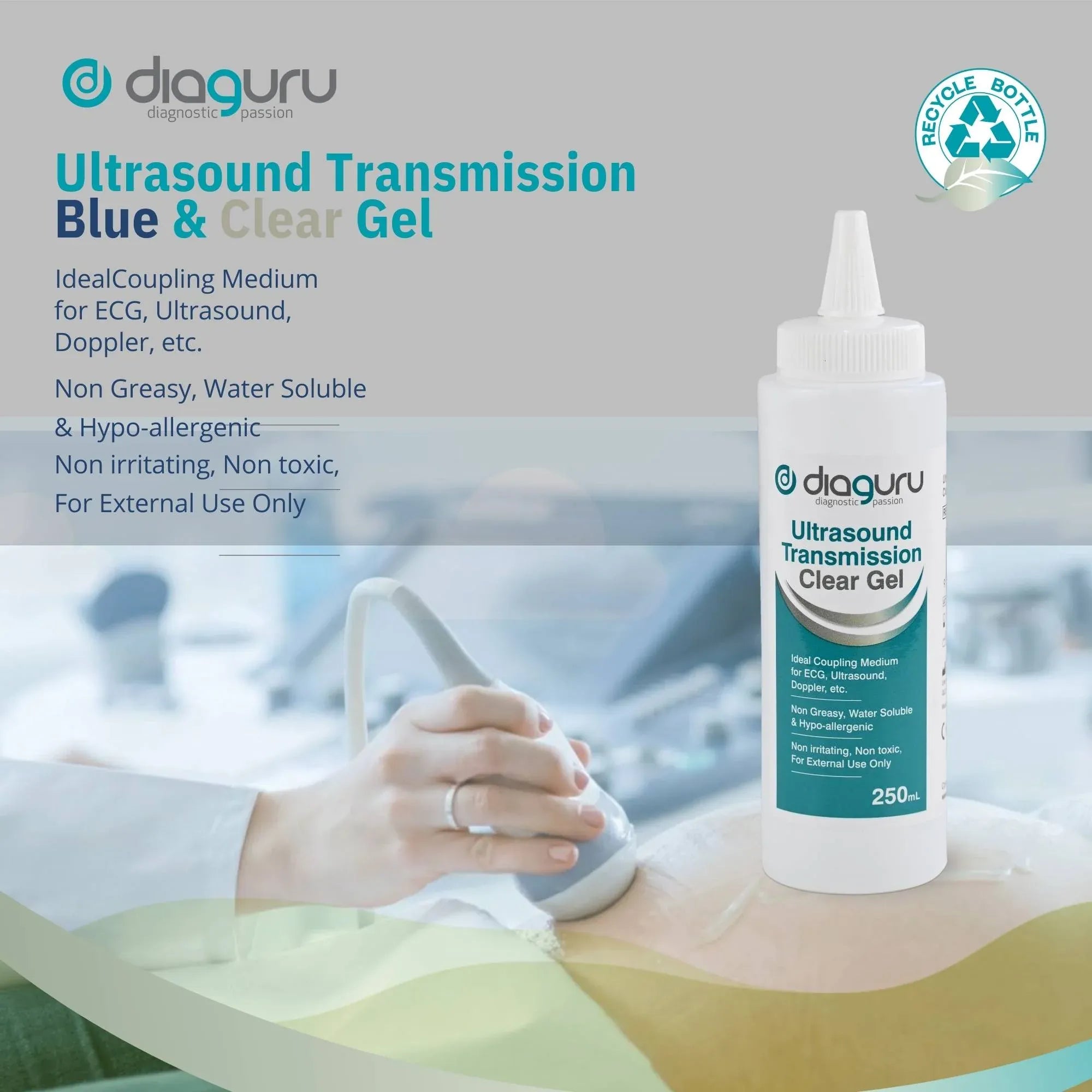 Diaguru 2x 250ml Conductive Transmission Gel - Water-Based External Clear Gel