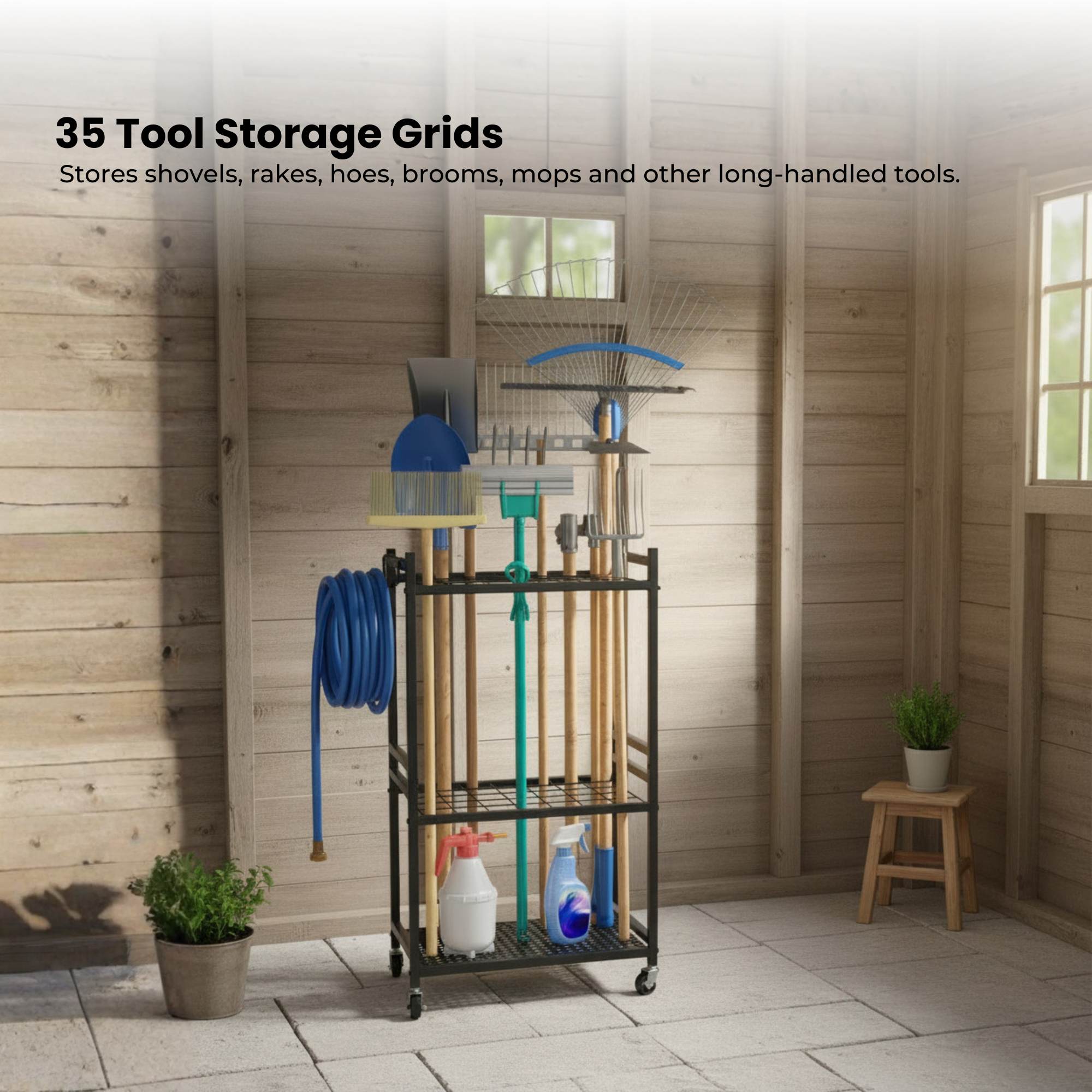 Tooleroo Garden Tool Organiser Rack - Rolling Storage Trolley for Yard Garage