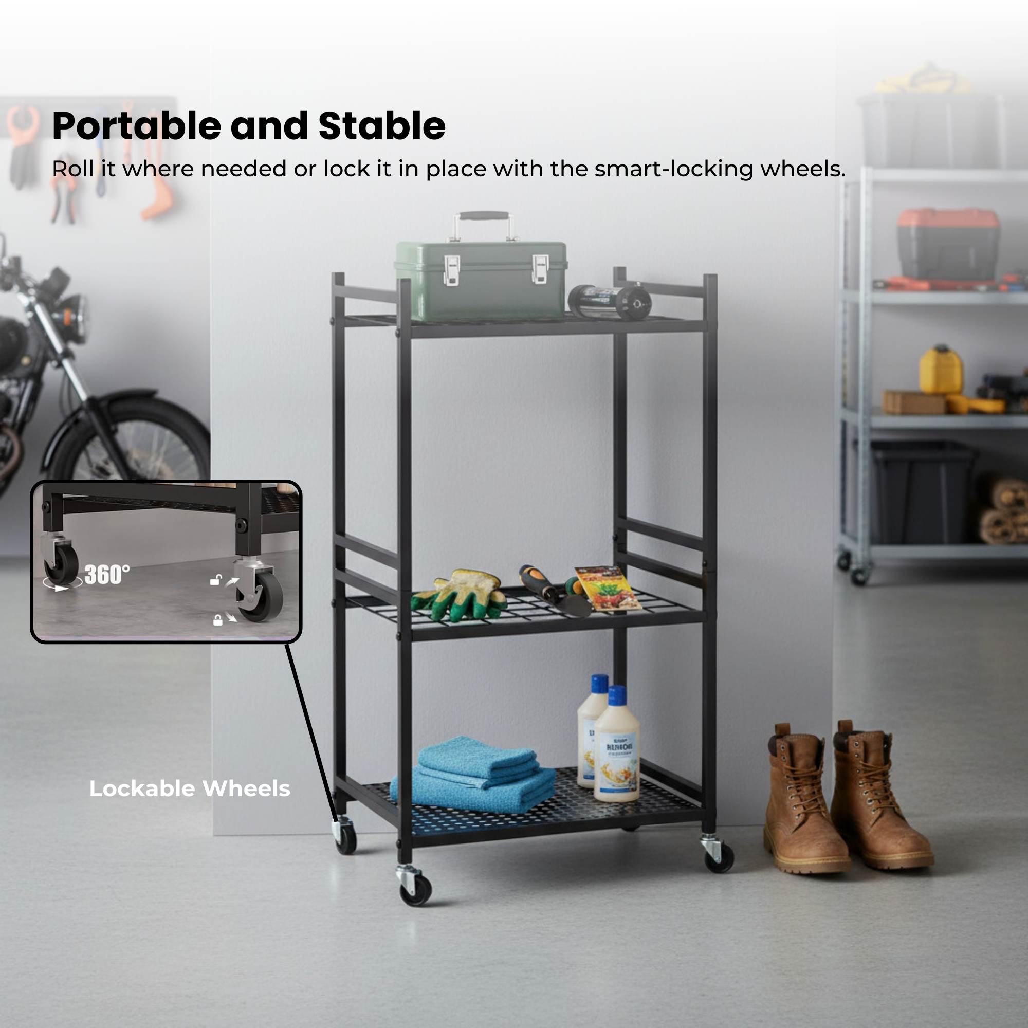 Tooleroo Garden Tool Organiser Rack - Rolling Storage Trolley for Yard Garage