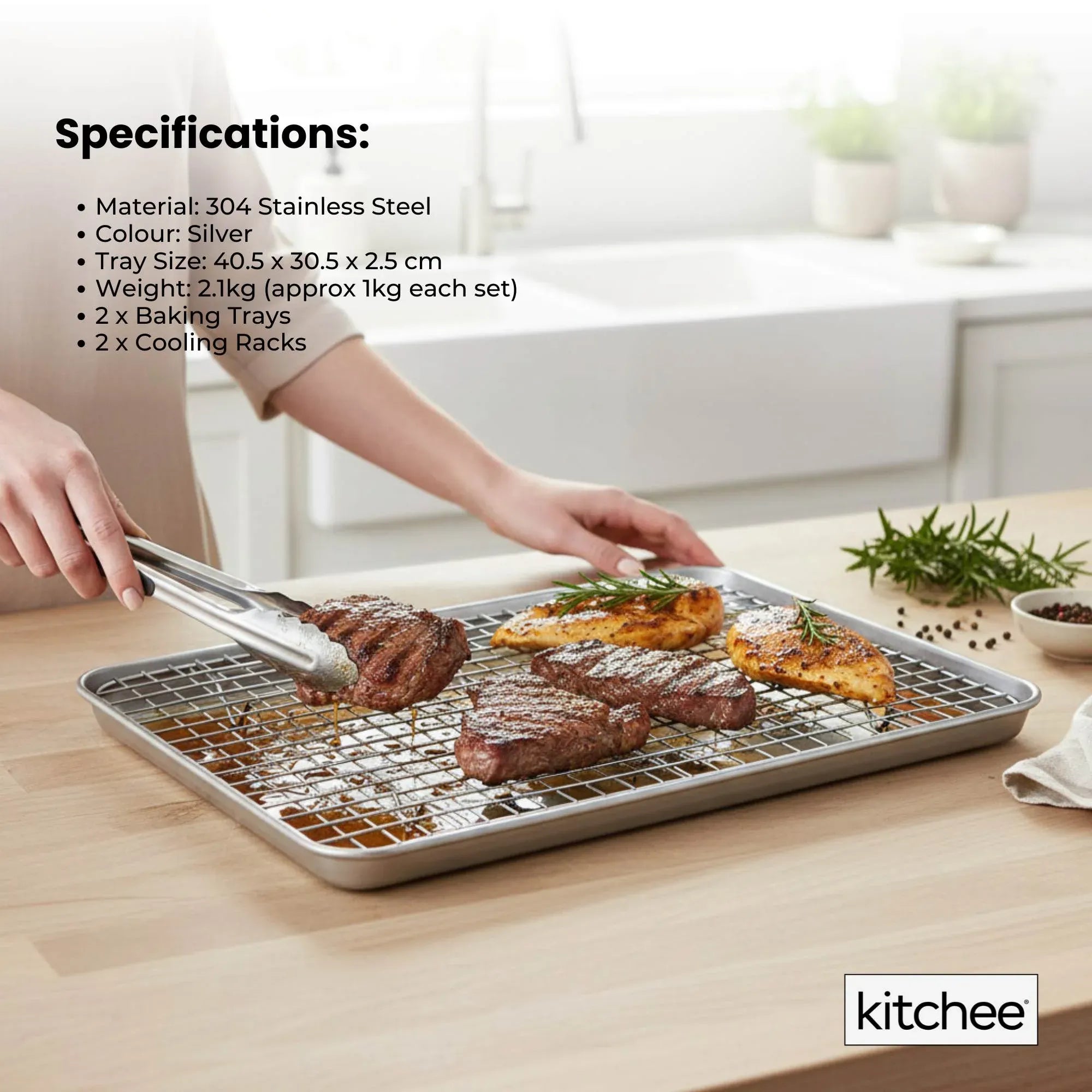 Kitchee 40.5x30.5cm Oven Baking Tray + Cooling Rack 4 Piece Stainless Steel