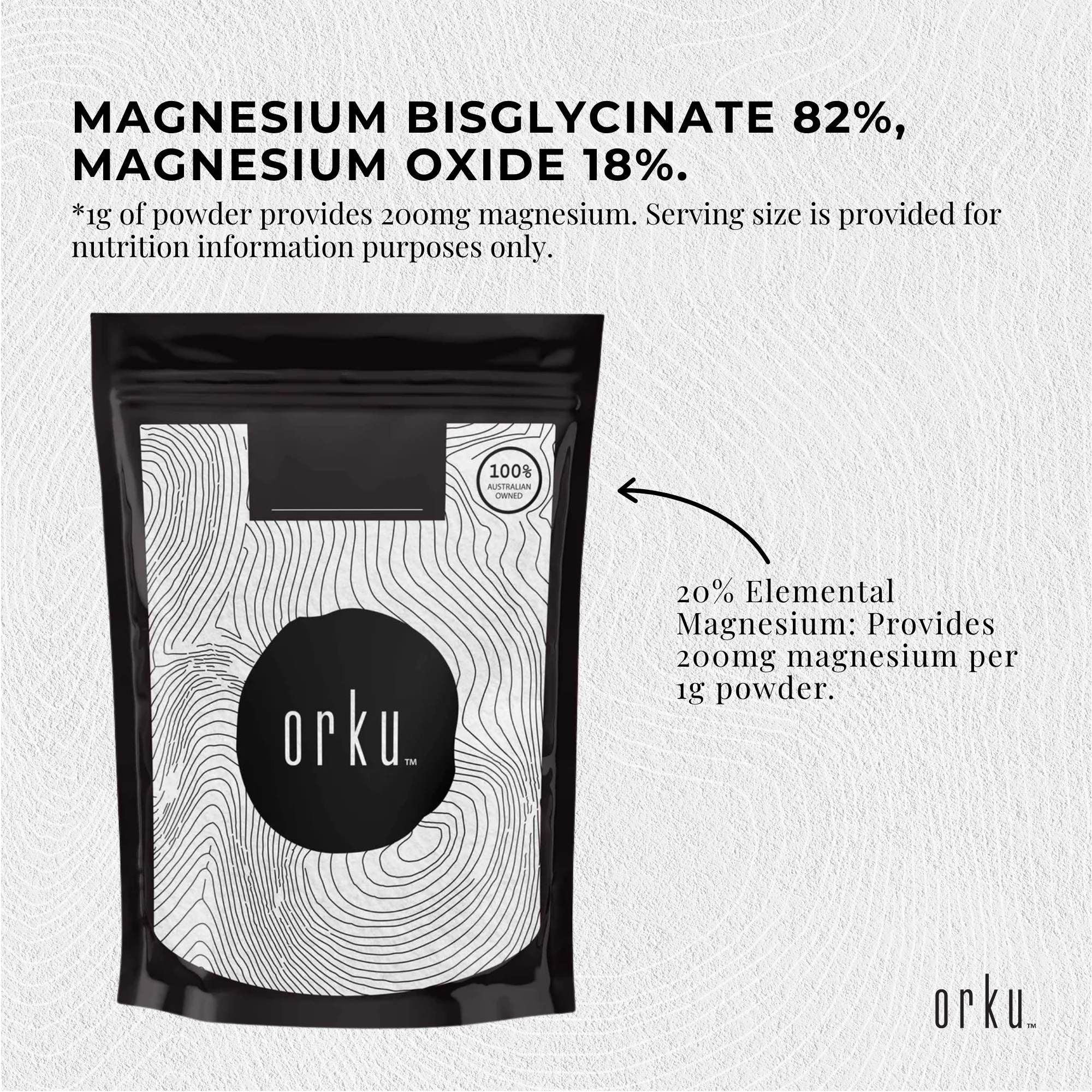 Orku 400g Magnesium Bisglycinate Powder Unflavoured Chelated Biglycinate