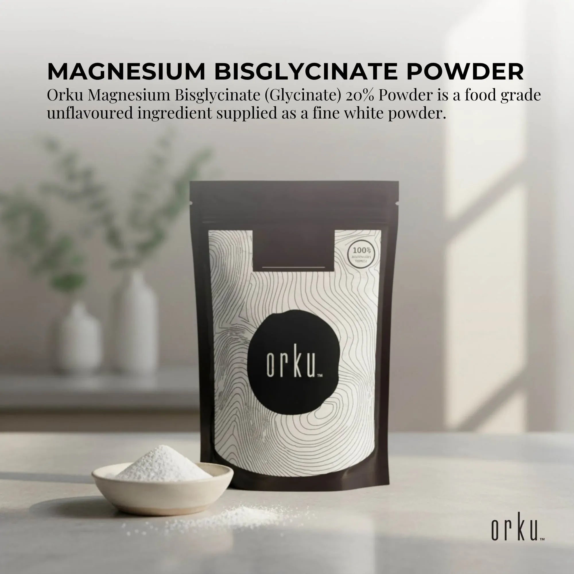 Orku 1Kg Magnesium Bisglycinate Powder Unflavoured Chelated Biglycinate