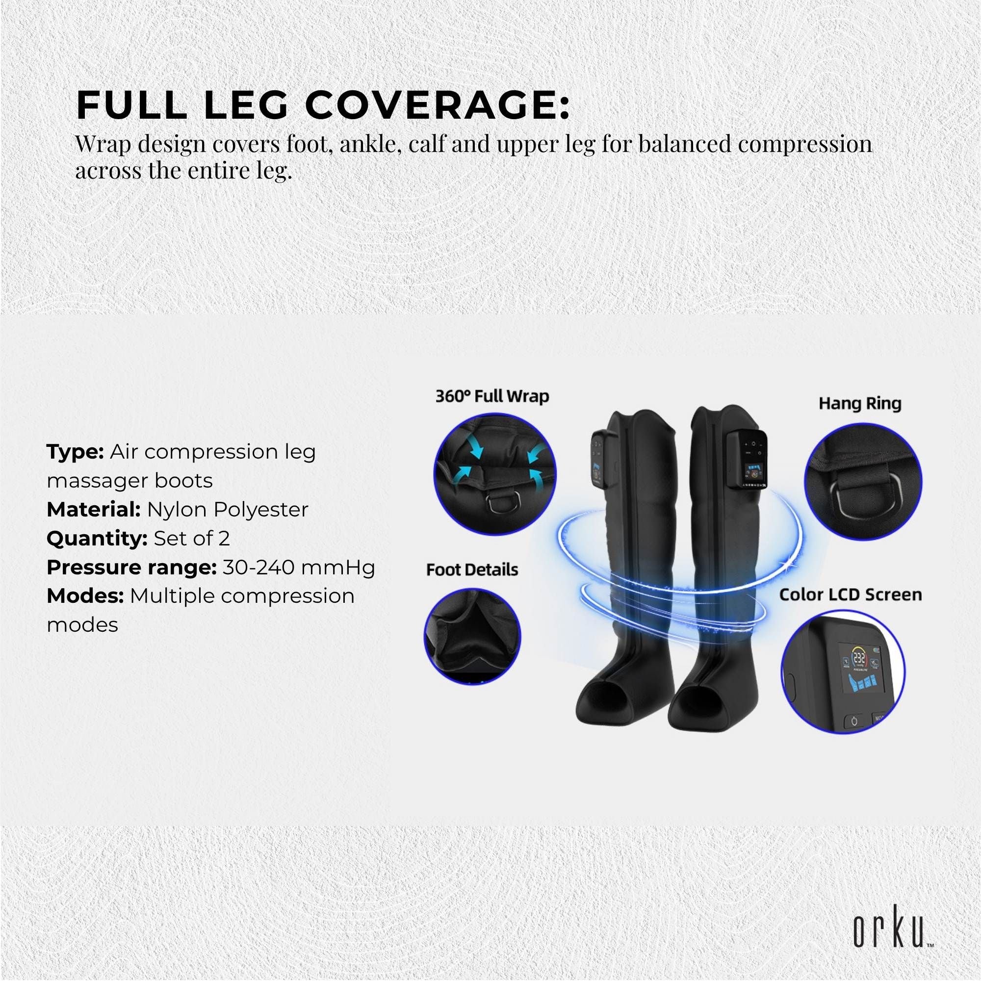 Orku Cordless Full Leg Air Compression Massager Boots - Rechargeable Medium