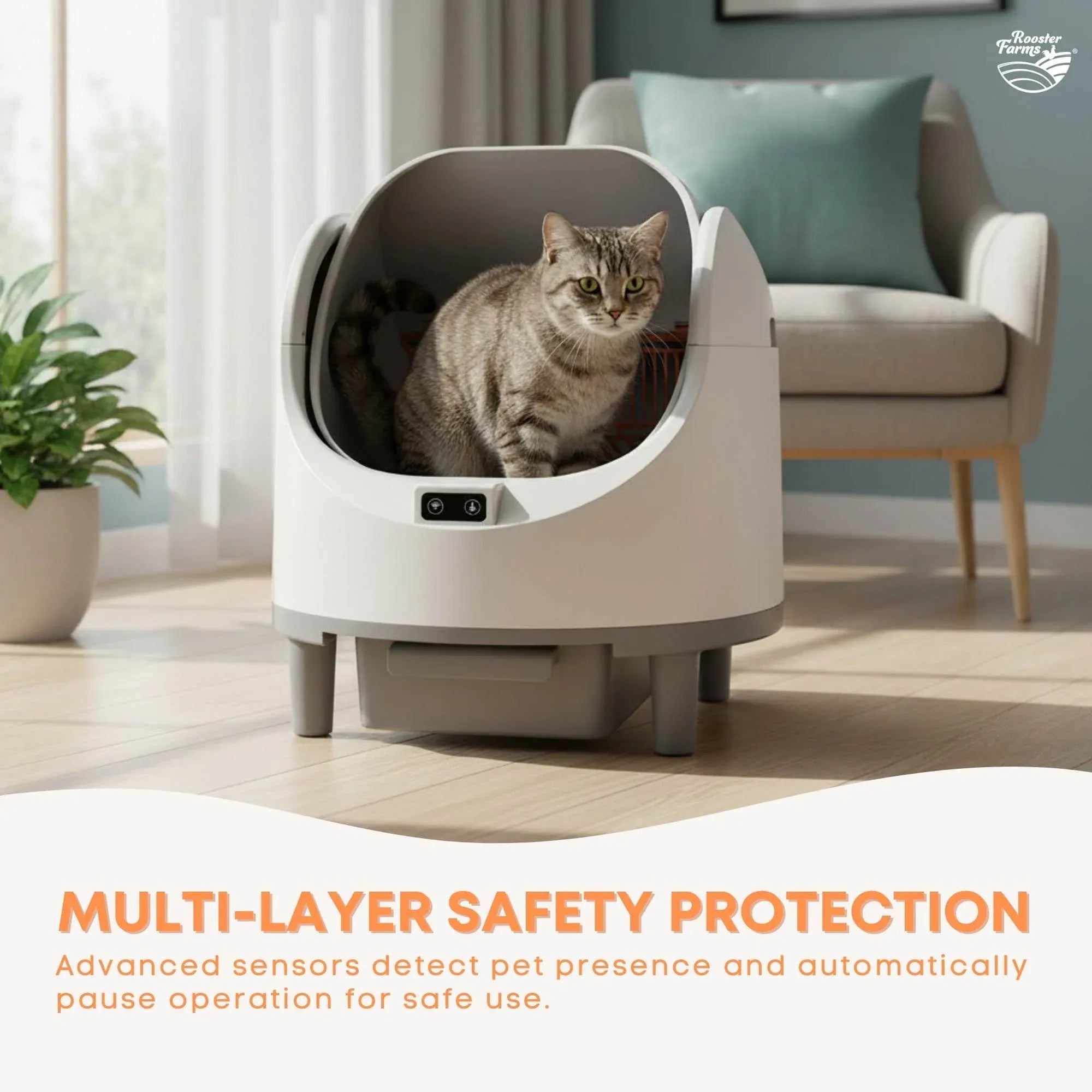 Rooster Farms Smart Cat Litter Box Automatic WiFi Self Cleaning Tray 68L