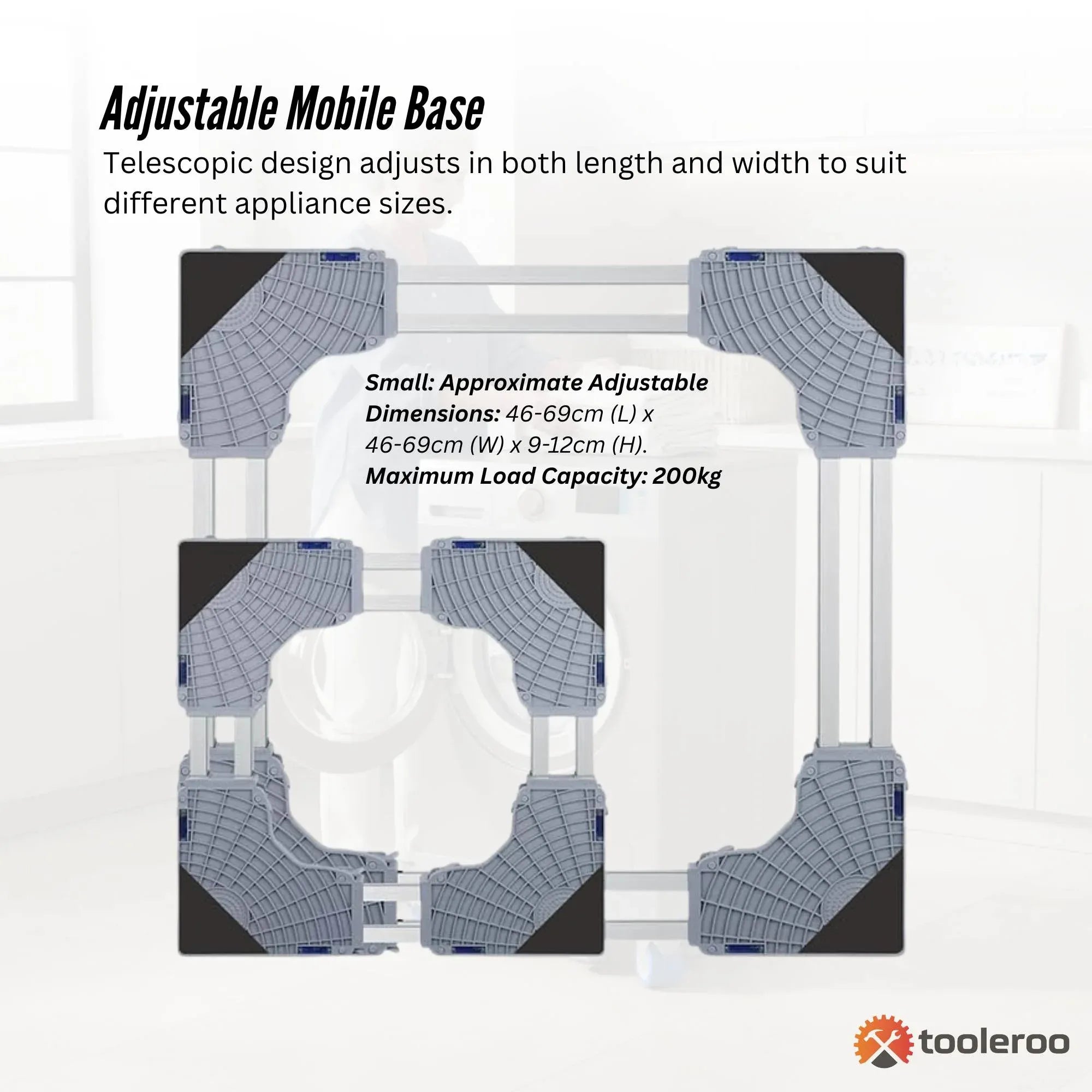 Tooleroo Washing Machine Stand - 200Kg Adjustable Wheeled Fridge Appliance Base