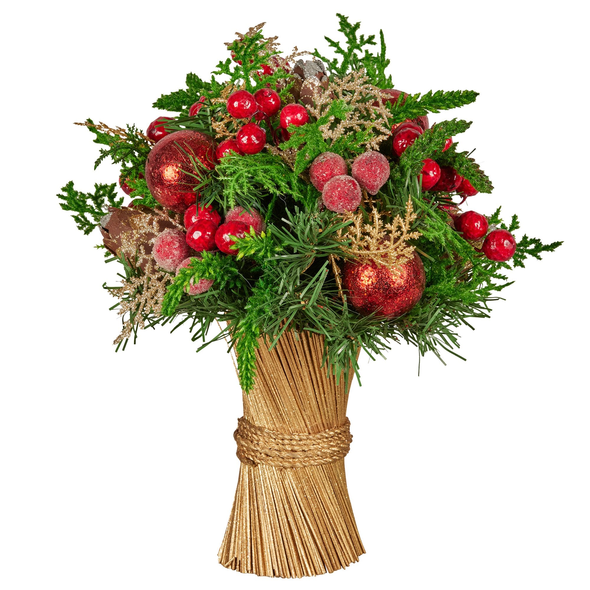 Christabelle 33cm Christmas Bouquet Pre-Decorated Holiday Floral Arrangement with Berries, Baubles & Pine Cones Festive Tabletop Centrepiece Decoration