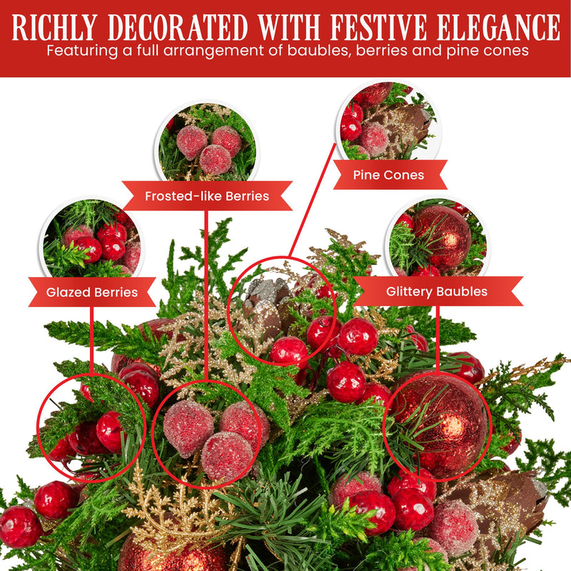 Christabelle 33cm Christmas Bouquet Pre-Decorated Holiday Floral Arrangement with Berries, Baubles & Pine Cones Festive Tabletop Centrepiece Decoration
