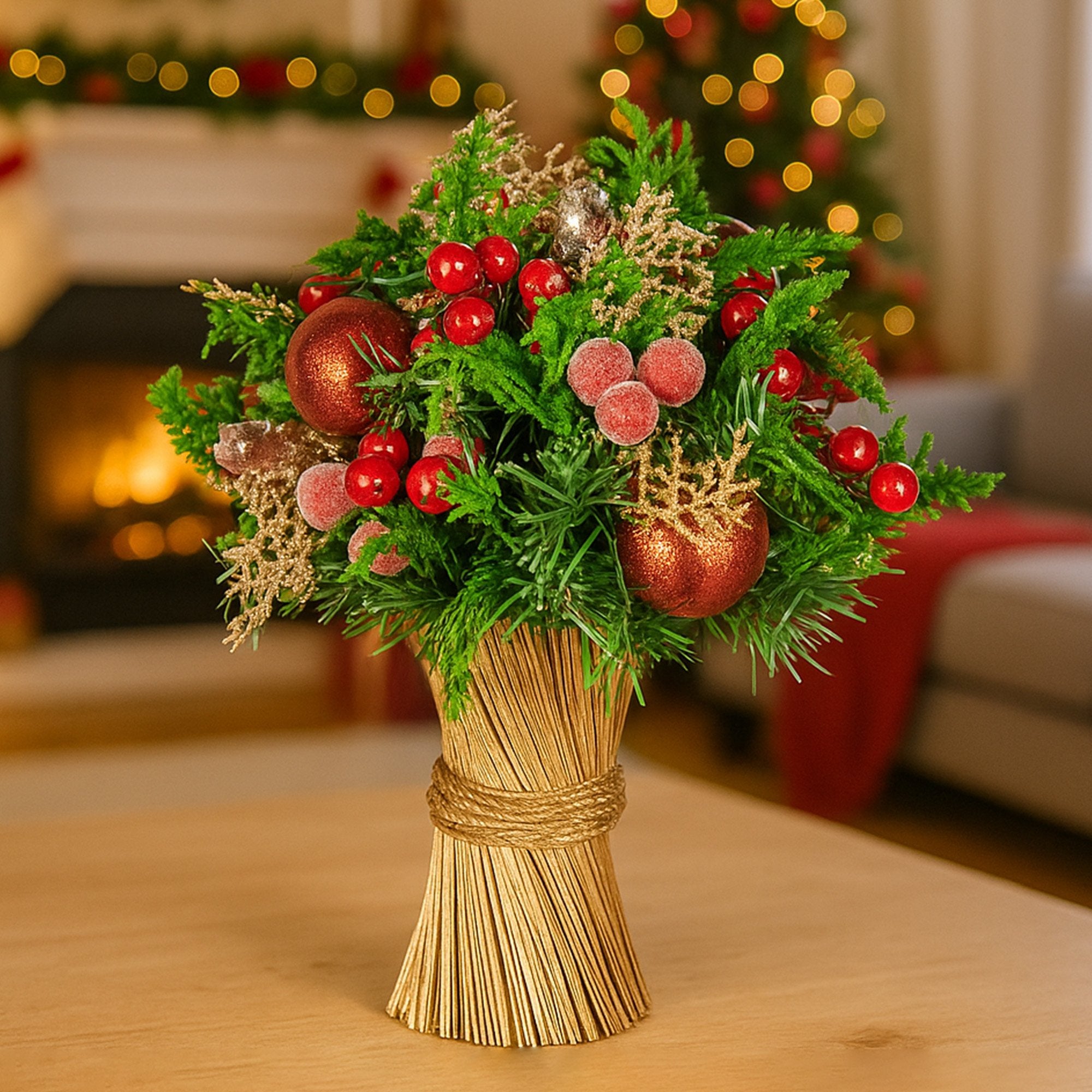 Christabelle 33cm Christmas Bouquet Pre-Decorated Holiday Floral Arrangement with Berries, Baubles & Pine Cones Festive Tabletop Centrepiece Decoration