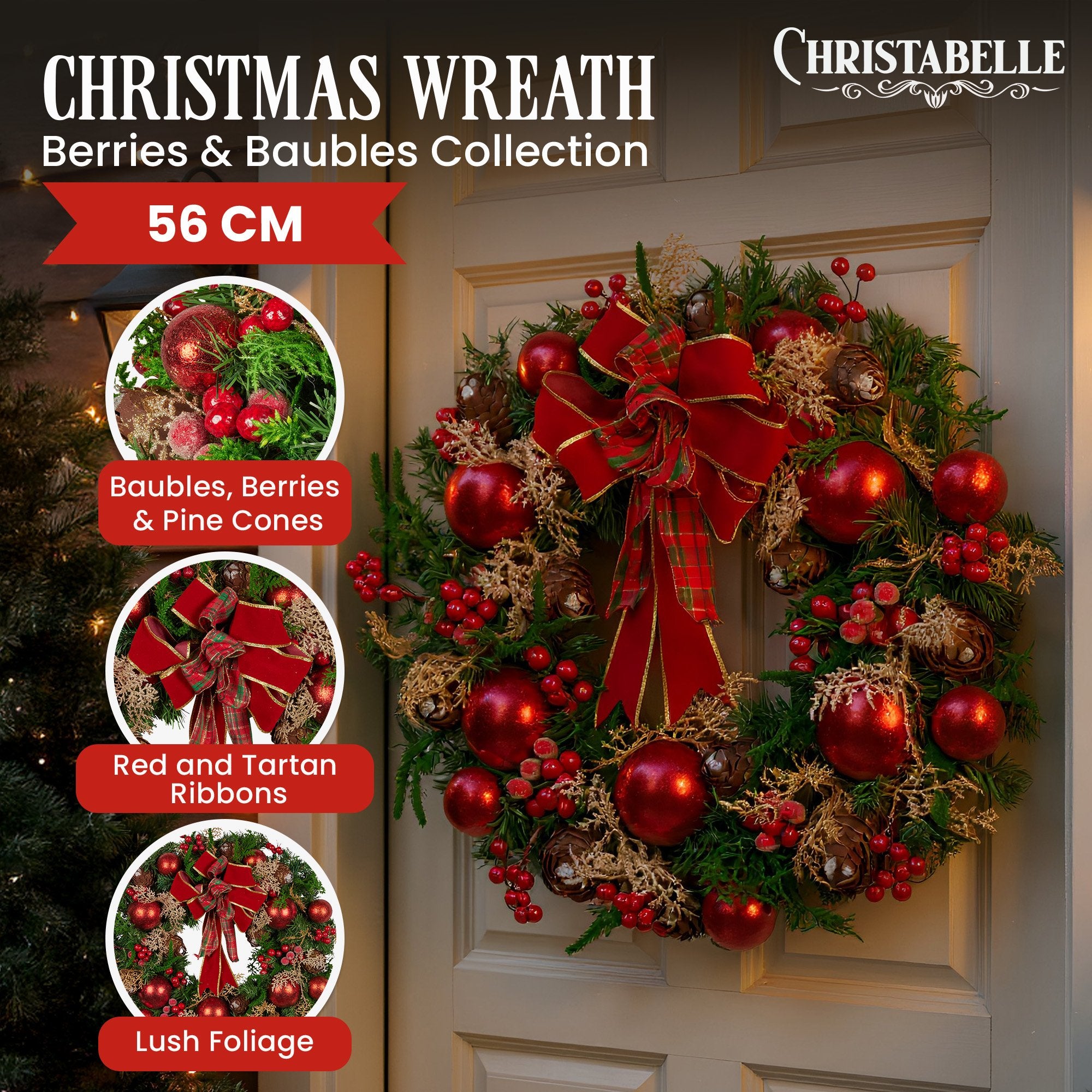 Christabelle 56cm Christmas Wreath Lush Green Holiday Door Wreath with Red Berries, Baubles & Pine Cones Pre-Decorated Festive Wall or Front Door Decoration