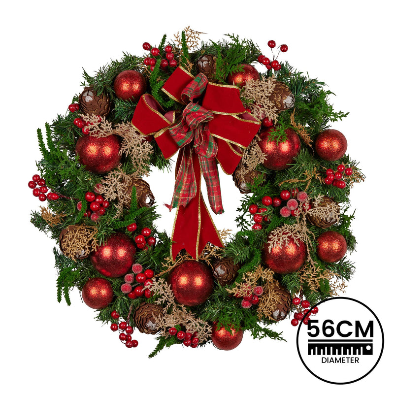 Christabelle 56cm Christmas Wreath Lush Green Holiday Door Wreath with Red Berries, Baubles & Pine Cones Pre-Decorated Festive Wall or Front Door Decoration