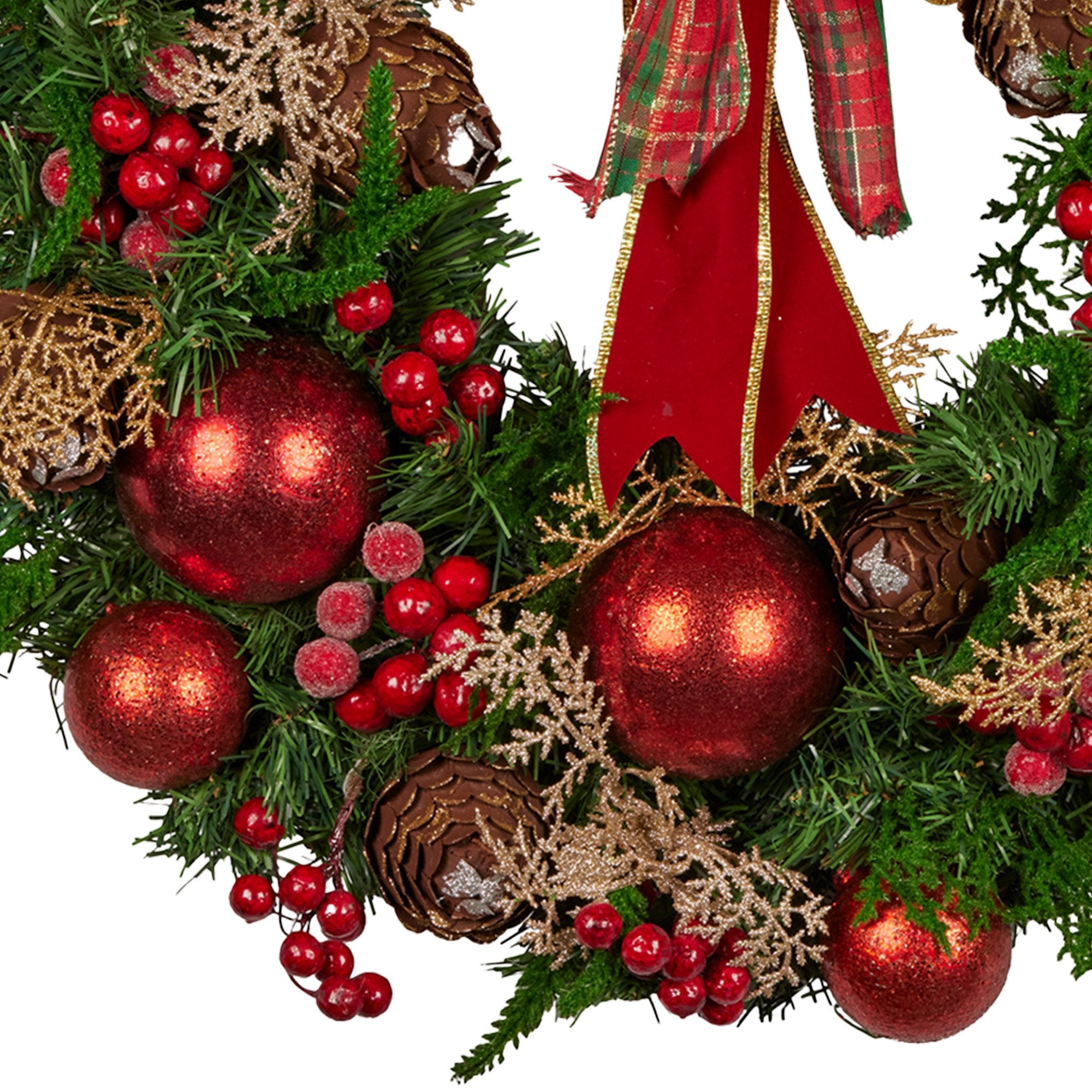 Christabelle 56cm Christmas Wreath Lush Green Holiday Door Wreath with Red Berries, Baubles & Pine Cones Pre-Decorated Festive Wall or Front Door Decoration
