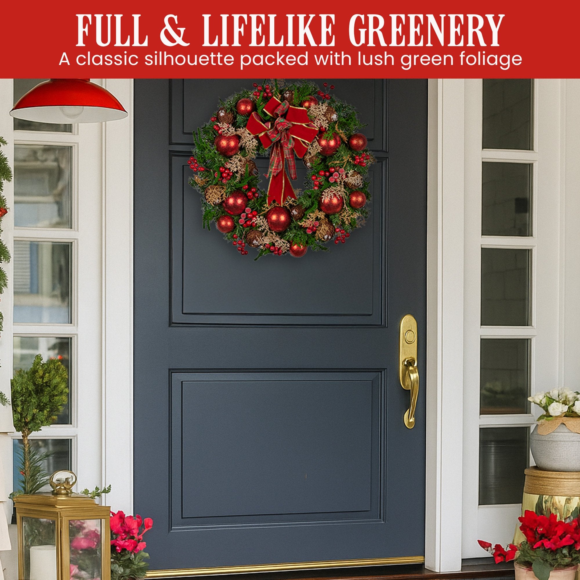 Christabelle 56cm Christmas Wreath Lush Green Holiday Door Wreath with Red Berries, Baubles & Pine Cones Pre-Decorated Festive Wall or Front Door Decoration