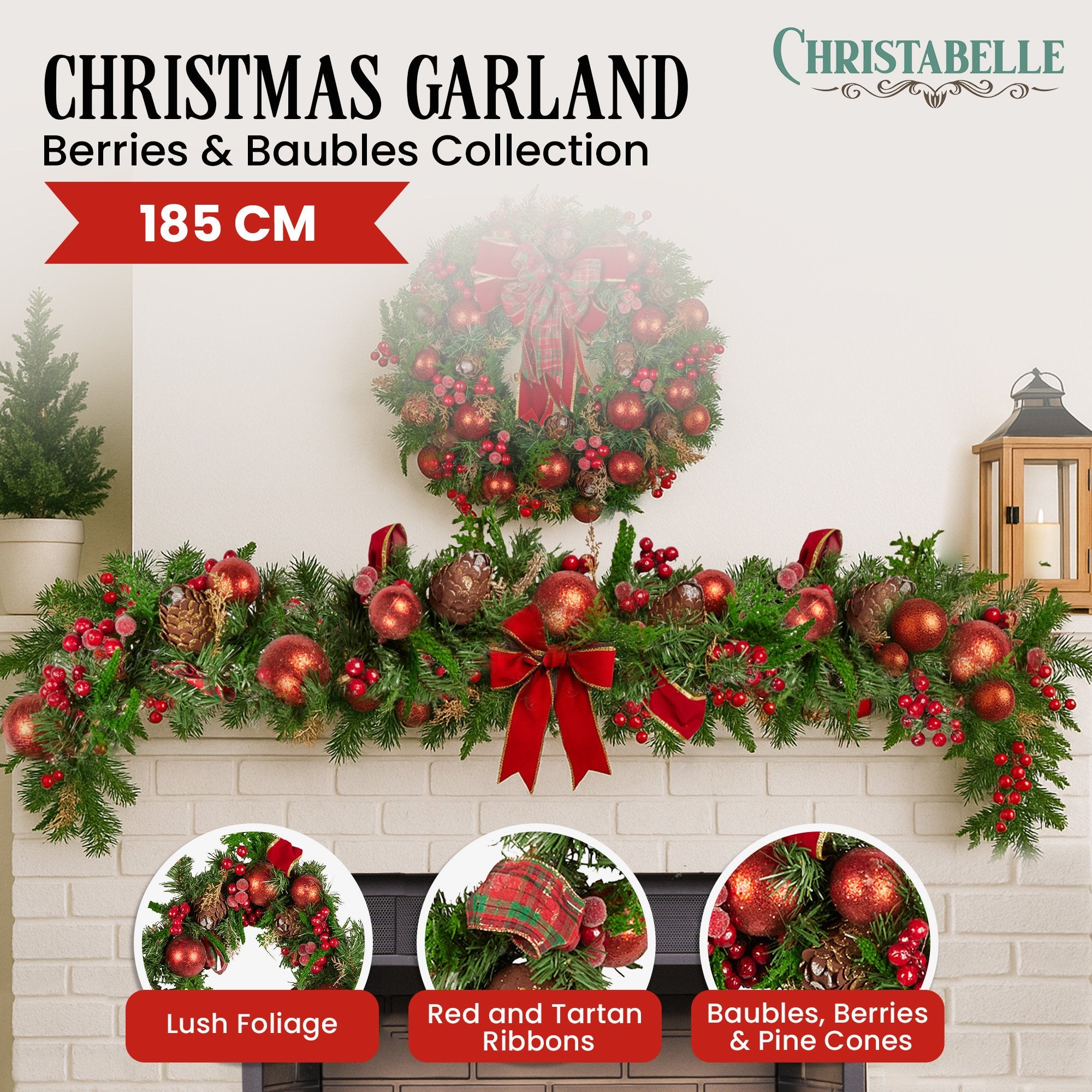 Christabelle 1.85m Christmas Garland with Red Berries Pine Cones Baubles Bows Tree Decoration Ornament