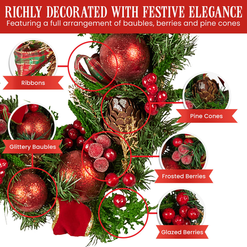 Christabelle 185cm Christmas Garland Lush Green Holiday Garland with Red Berries, Baubles & Pine Cones Pre-Decorated Festive Shelf or Banister Decoration