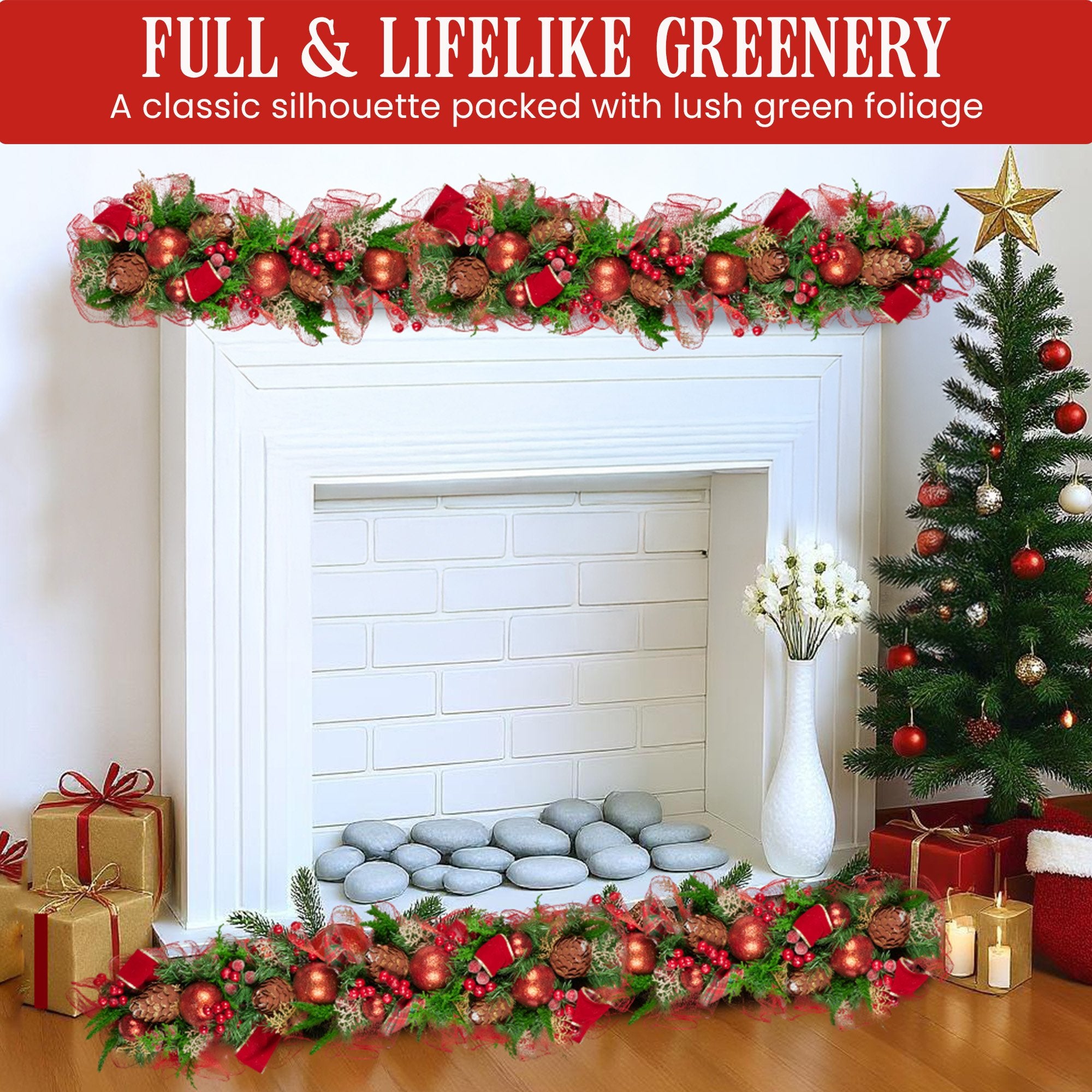 Christabelle 1m Christmas Garland with Red Berries & Pine Cones Baubles Berries Tree Decoration Ornament Red Green