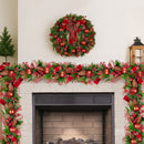 Christabelle 100cm Christmas Garland Lush Green Holiday Garland w/ Red Berries, Baubles & Pine Cones Pre-Decorated Festive Shelf or Banister Decoration