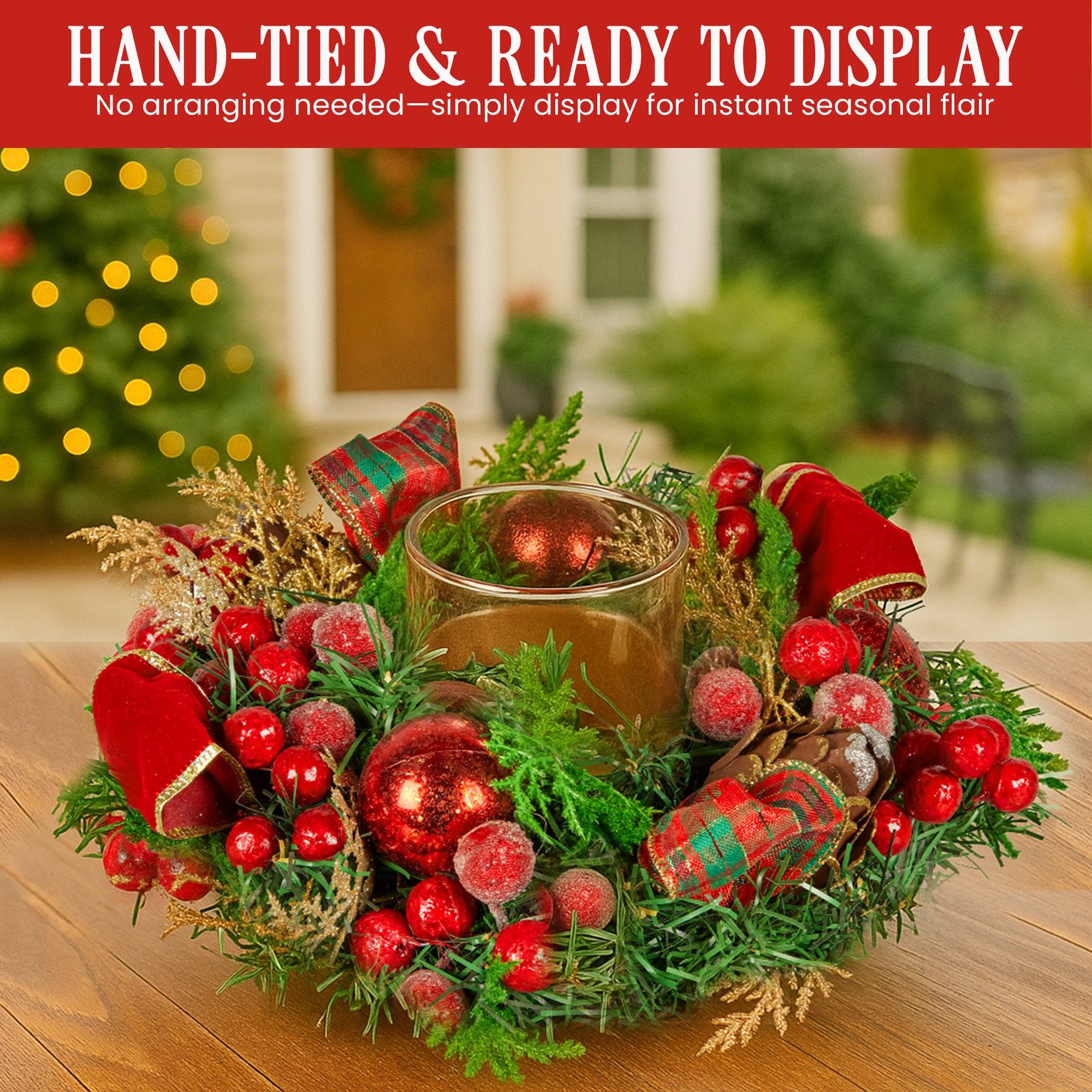Christabelle 26cm Christmas Centrepiece Lush Green Holiday Display w/Red Berries & Hurricane Candle Holder Pre-decorated for Dining Table Console