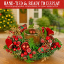 Christabelle 26cm Christmas Centrepiece Lush Green Holiday Display w/Red Berries & Hurricane Candle Holder Pre-decorated for Dining Table Console