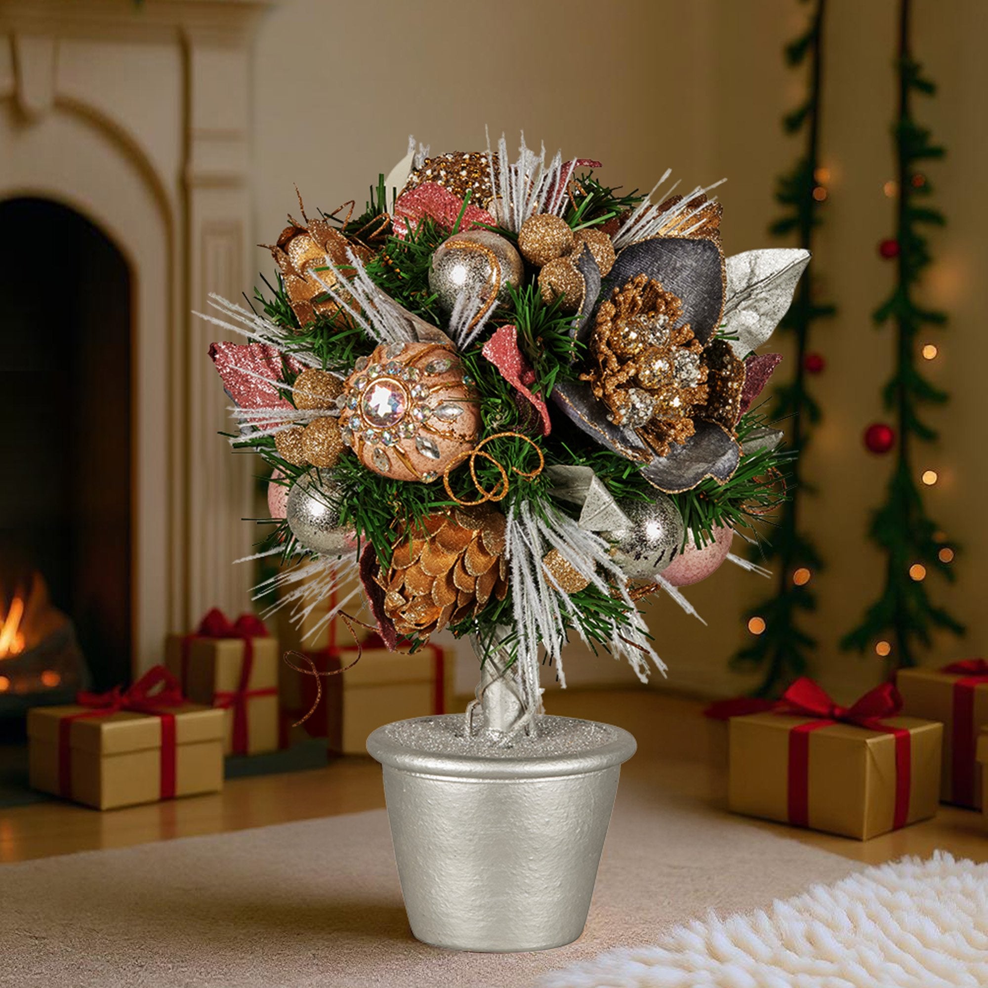 Christabelle 36cm Christmas Tabletop Topiary Tree Jewelled Baubles, Berries, Flowers and Pine Cones Festive Decoration
