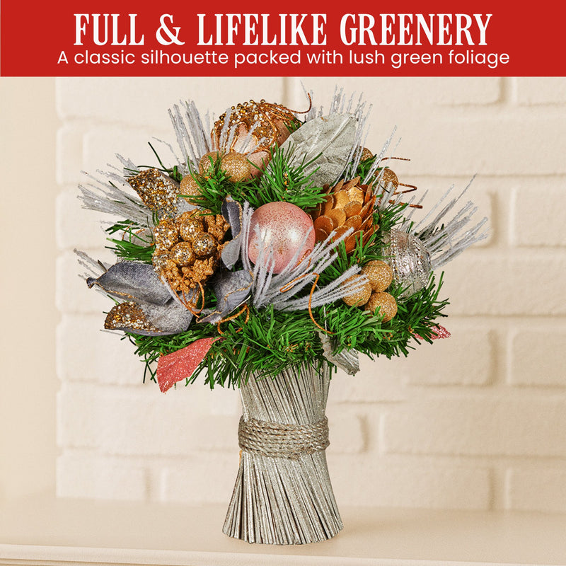Christabelle 33cm Christmas Bouquet Pre Decorated Holiday Floral Arrangement w/Jewelled Baubles, Berries, Flowers & Pine