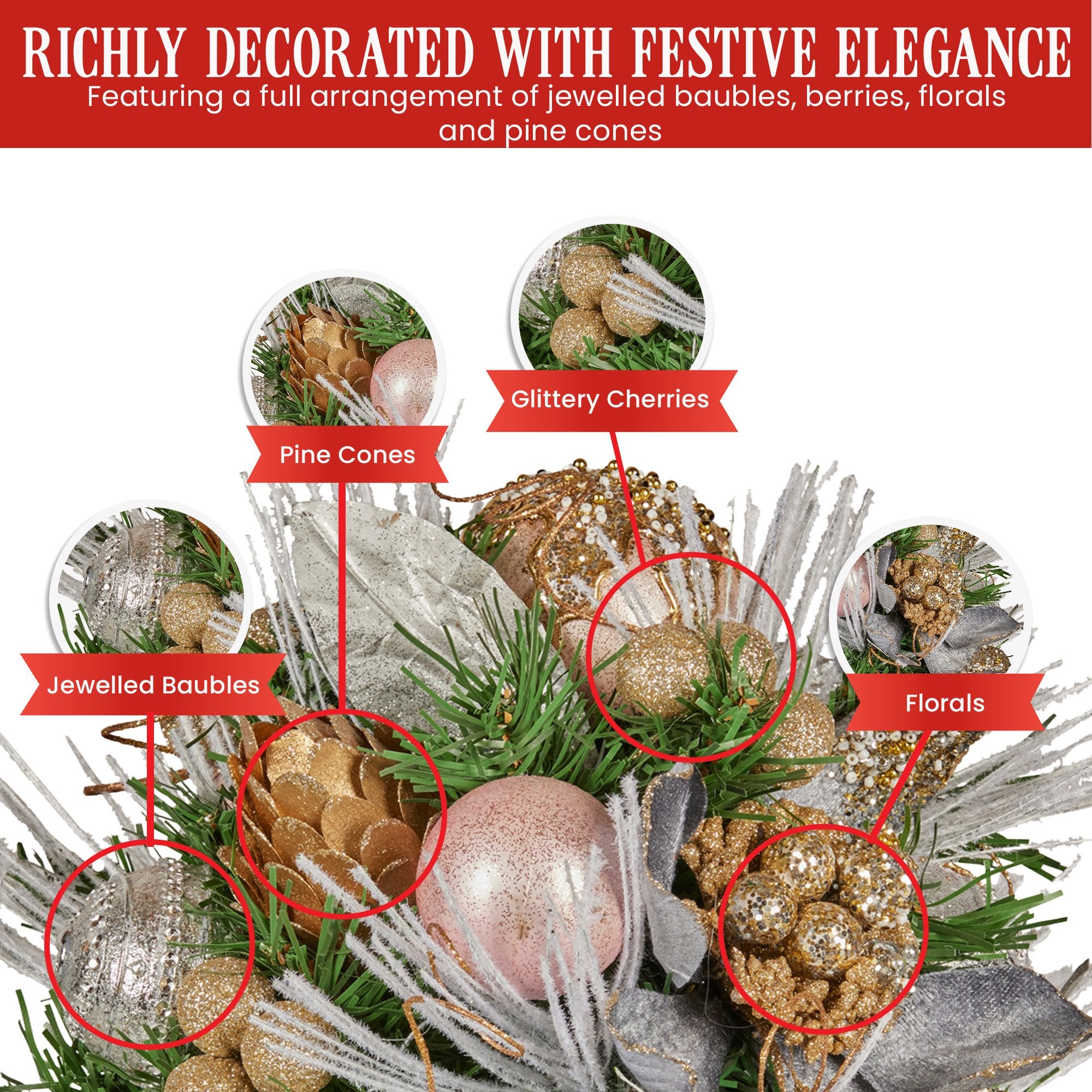 Christabelle 33cm Christmas Bouquet Pre Decorated Holiday Floral Arrangement w/Jewelled Baubles, Berries, Flowers & Pine