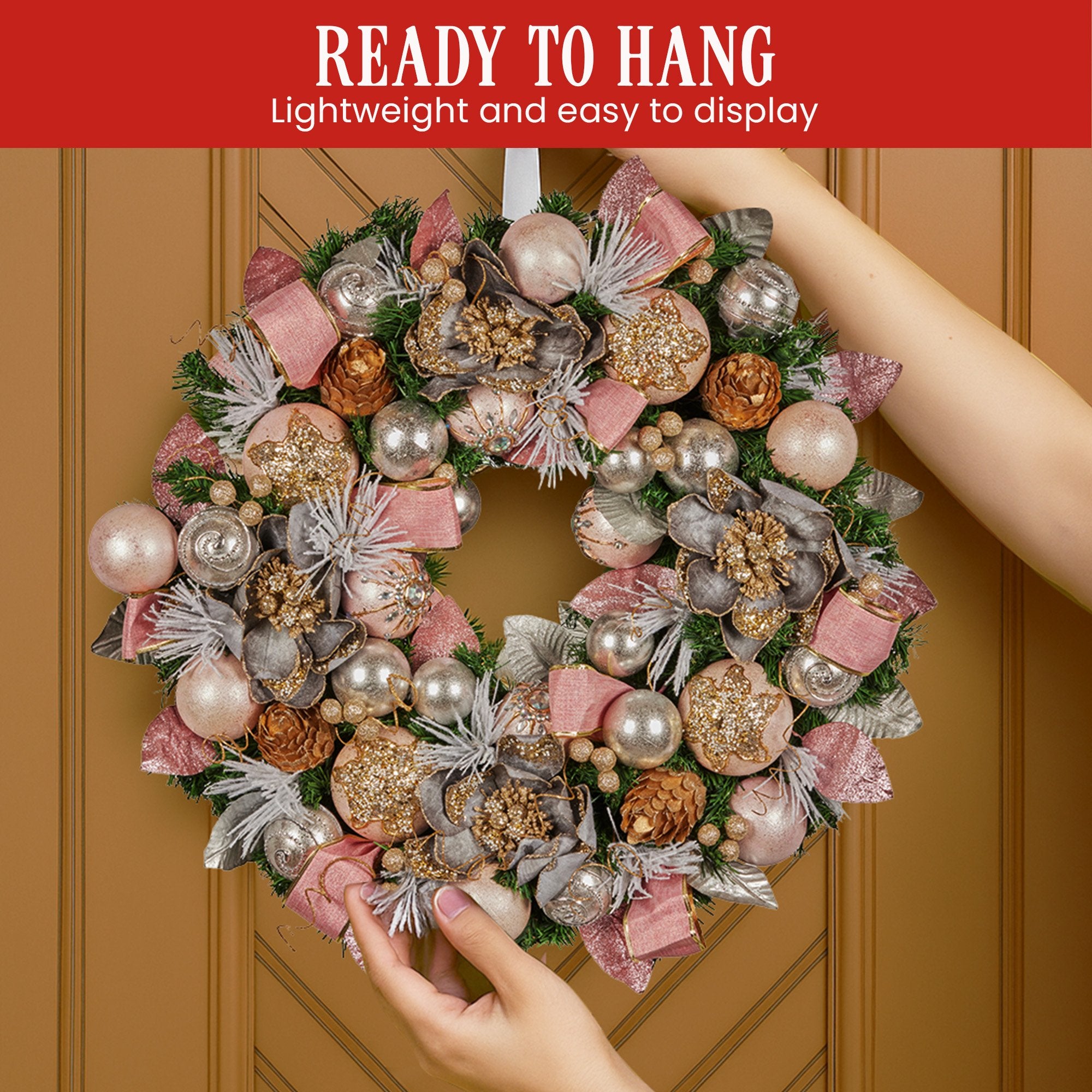 Christabelle 56cm Christmas Wreath Lush Pink Front Door Decoration Jewelled Baubles Flowers Pine Cones Ribbons Ornaments