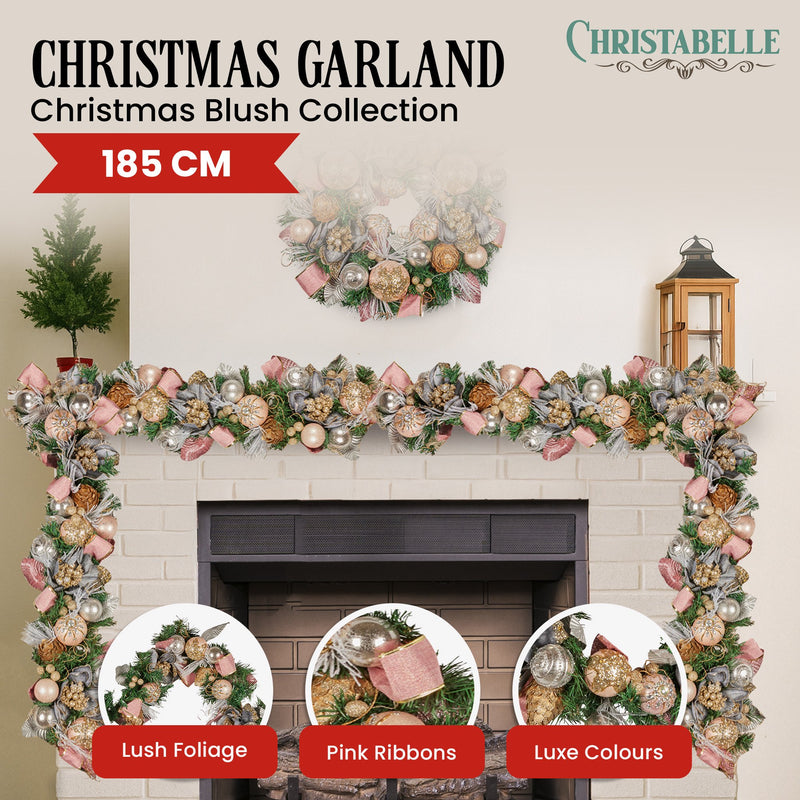 Christabelle 185cm Christmas Garland Lush Green Holiday Door Garland w/Jewelled Baubles, Flowers, Ribbon & Berries