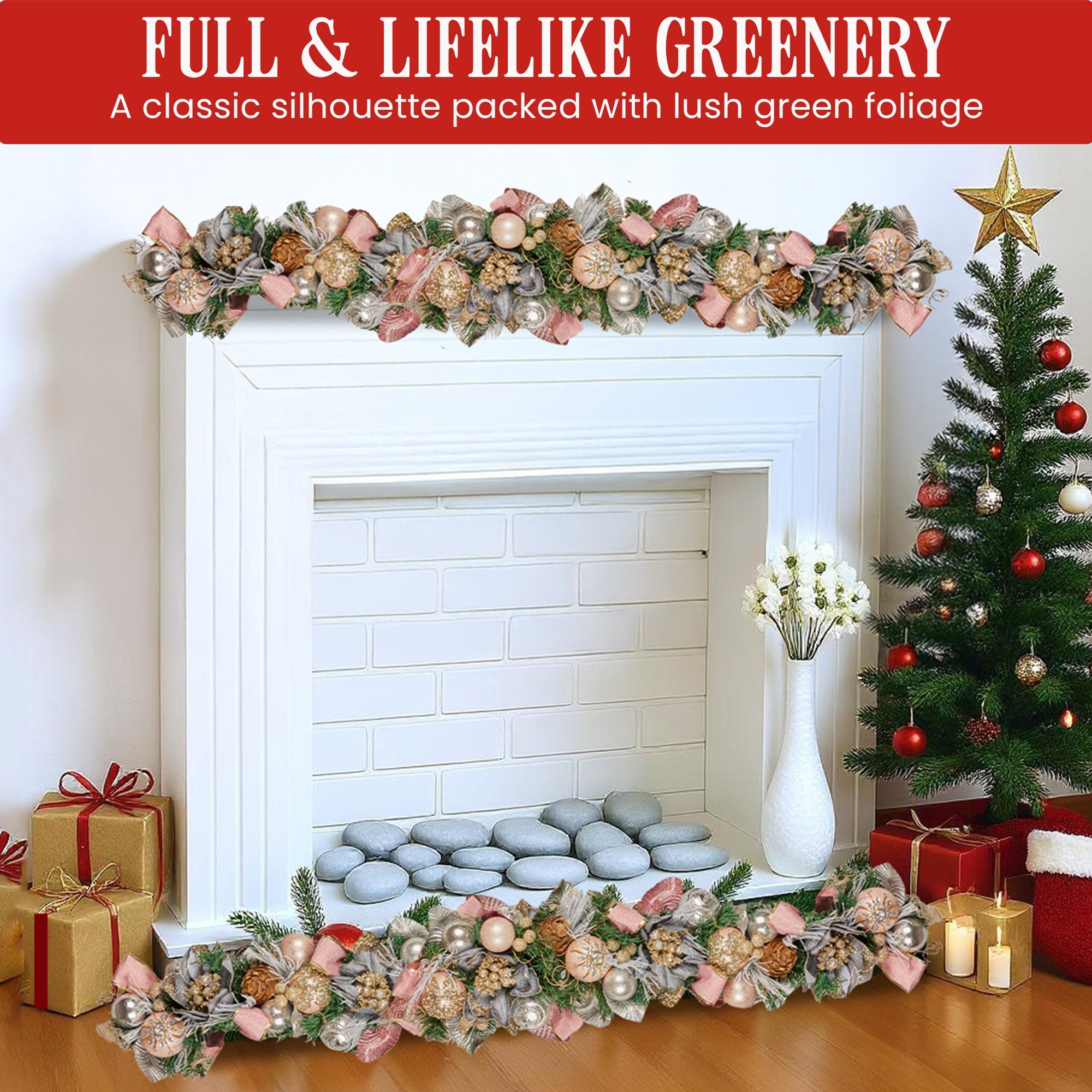 Christabelle Premium 1.8m Christmas Garland Jewelled Baubles & Berries Tree Decoration Ornament Pink Silver Gold