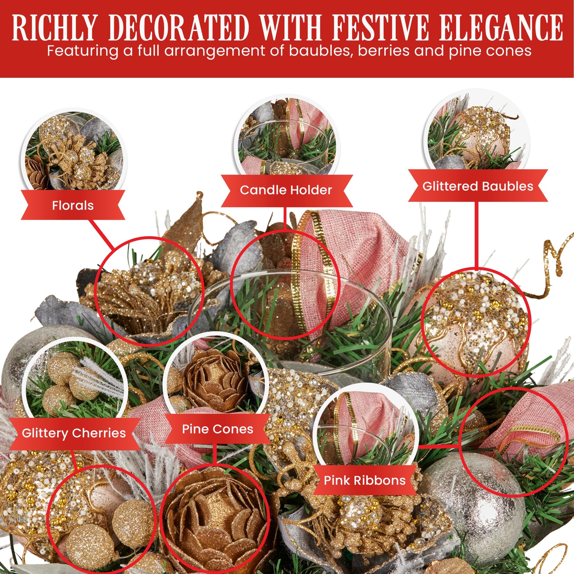 Christabelle 26cm Christmas Centrepiece Lush Green Holiday w/Jewelled Baubles, Foliage, Flowers, Pine Cones, Ribbon