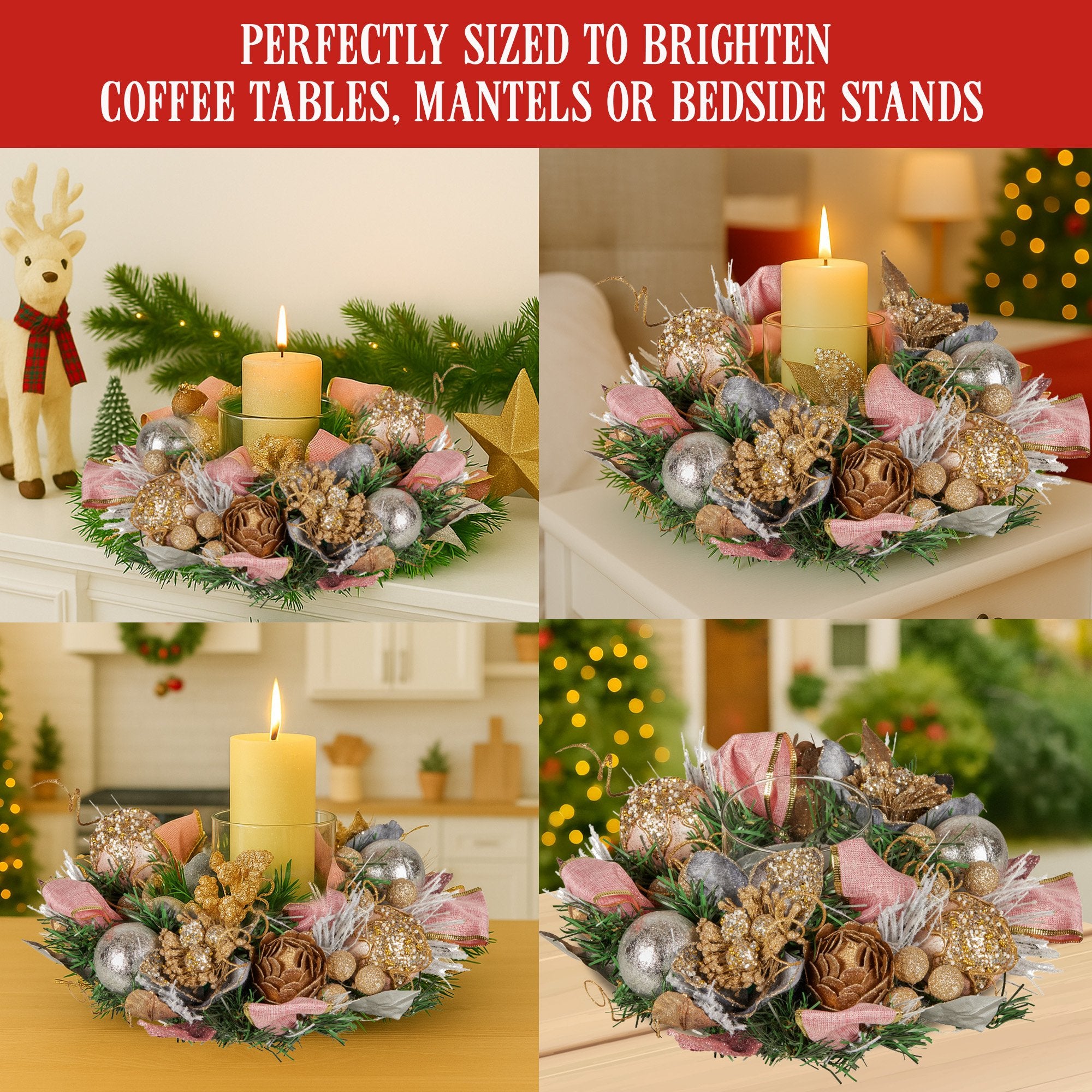Christabelle 26cm Christmas Centrepiece Lush Green Holiday w/Jewelled Baubles, Foliage, Flowers, Pine Cones, Ribbon